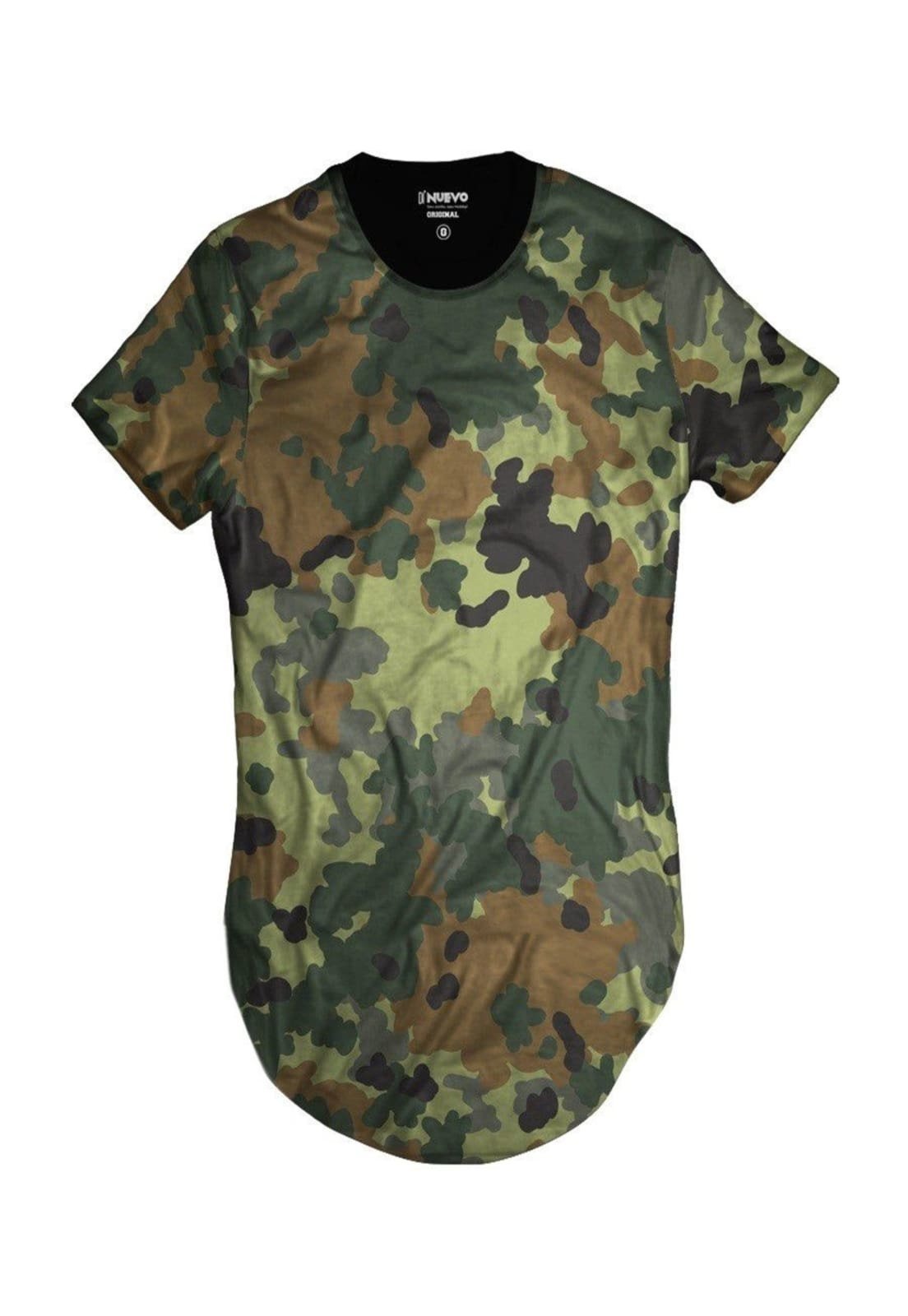 Camiseta Di Nuevo Longline Camuflada Verde Exército Thug Life Preta.
