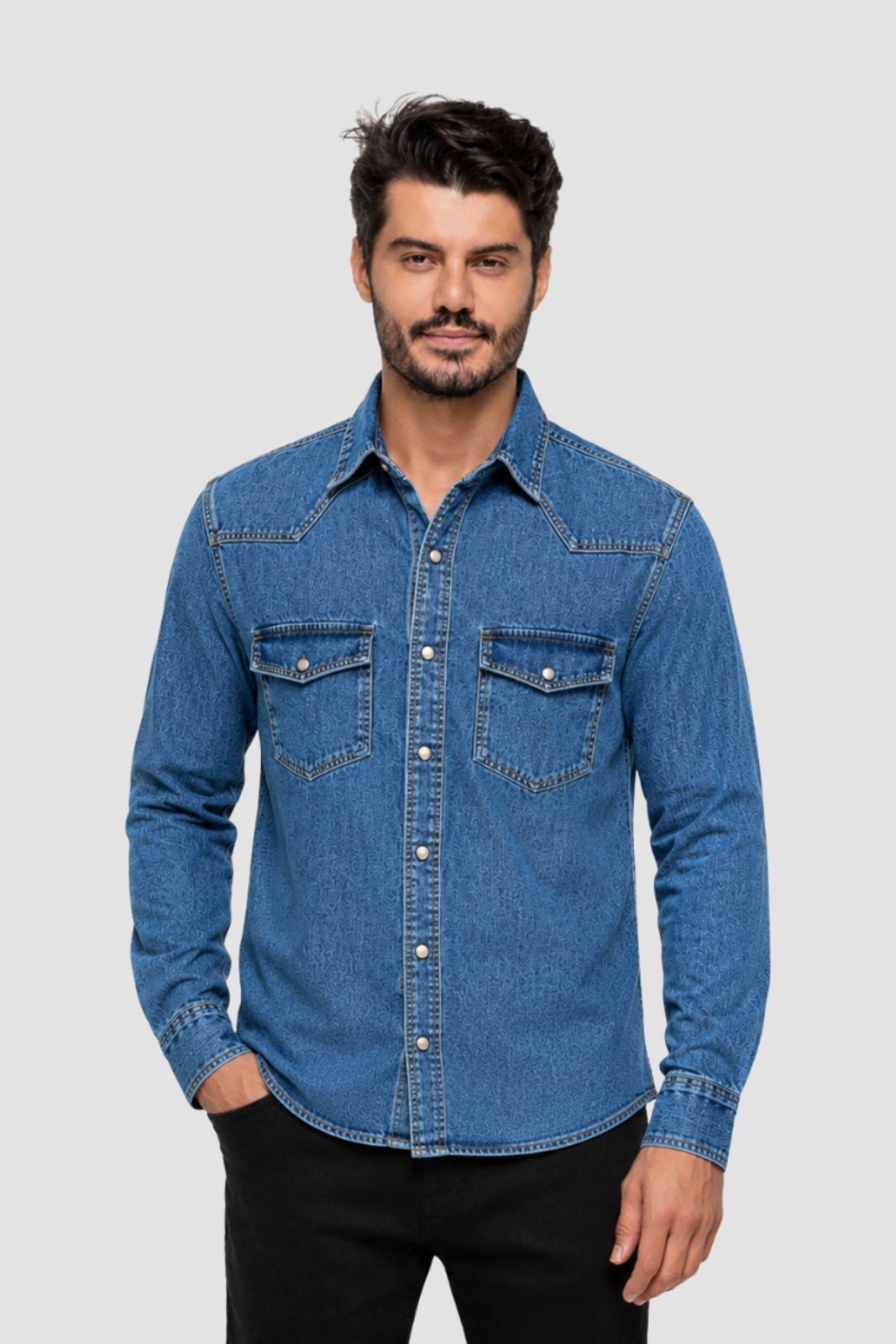 Camisa Sarja Masc BLS Lapela Doct Jeans Indigo Médio