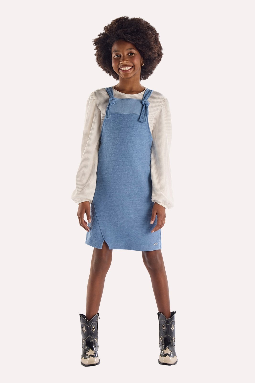 Infantil - Conjunto Azul Salopete e Blusa em Moletinho Texturizado
