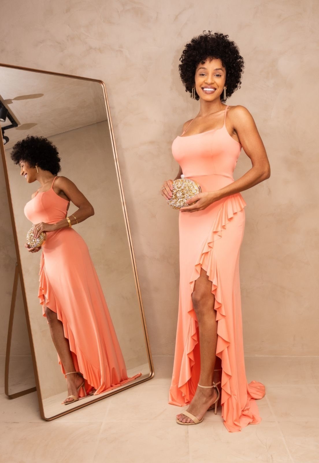 Vestido Longo de Festa Convidadas de Casamento Frente Única com Fenda e Babados Antoneli Laranja Coral