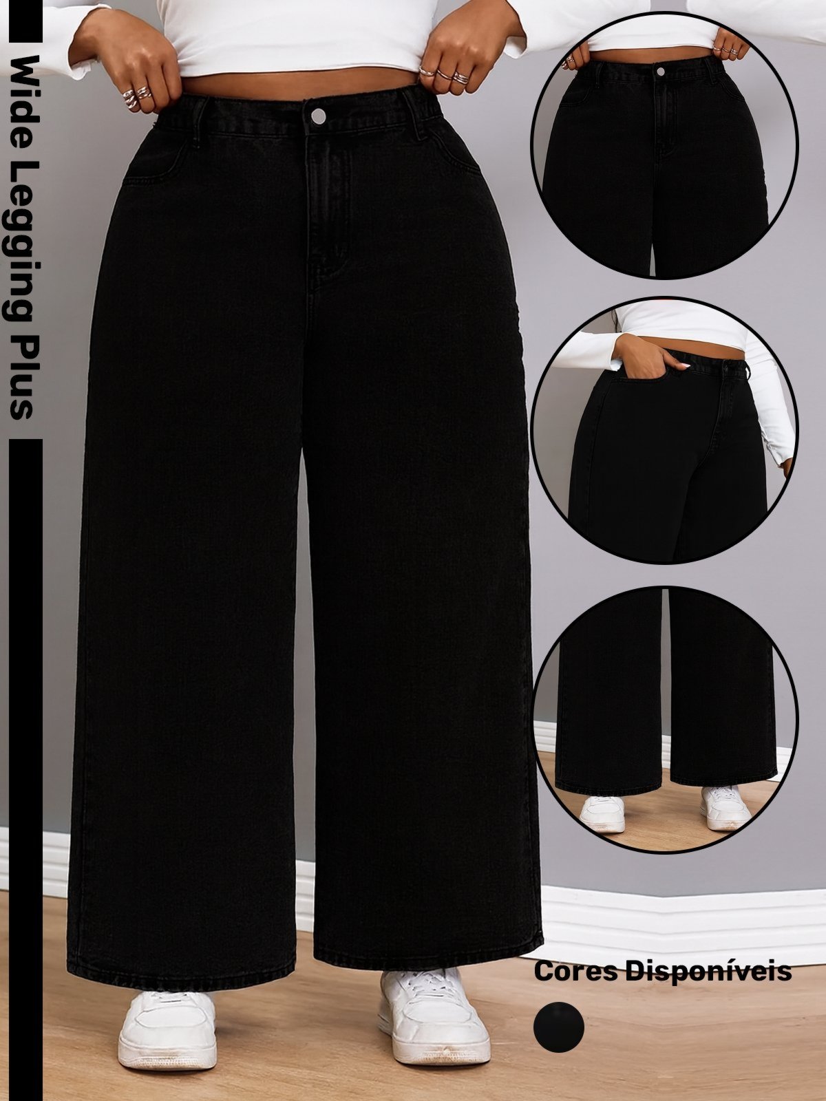 Calça Wide Leg Plus Size Feminina Safira Moda Preta Cintura Alta Conforto e Estilo