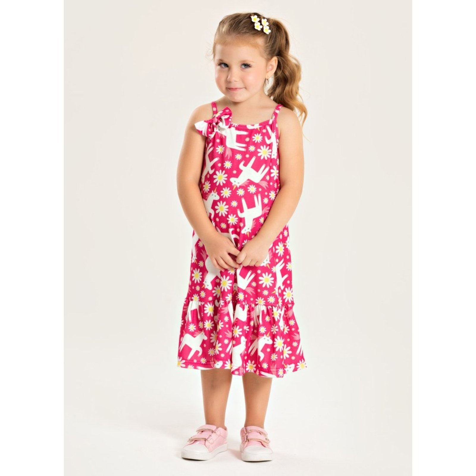 Vista 2 Infantil - Vestido Alcinha com Lacinho Verão Menina Pink Unicórnios Molekada rosa pink Molekada rosa pink