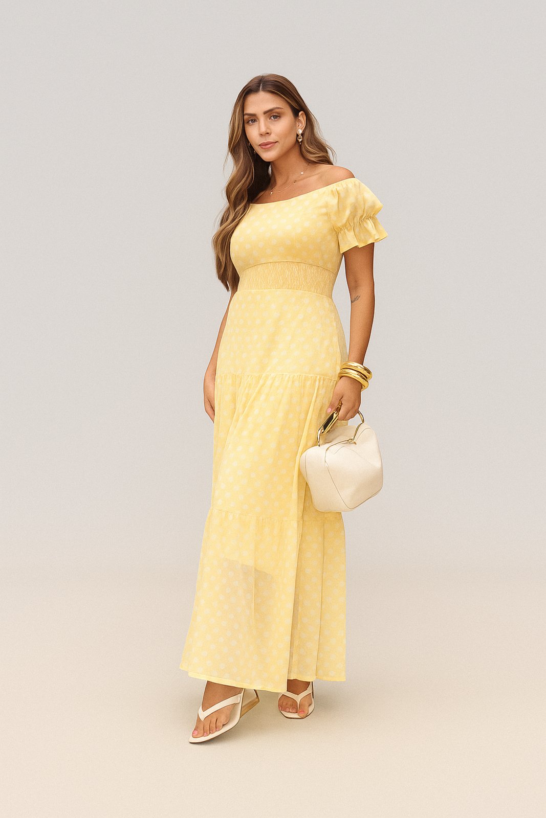 Vestido Longo D Bell Outlet Poá Amarelo