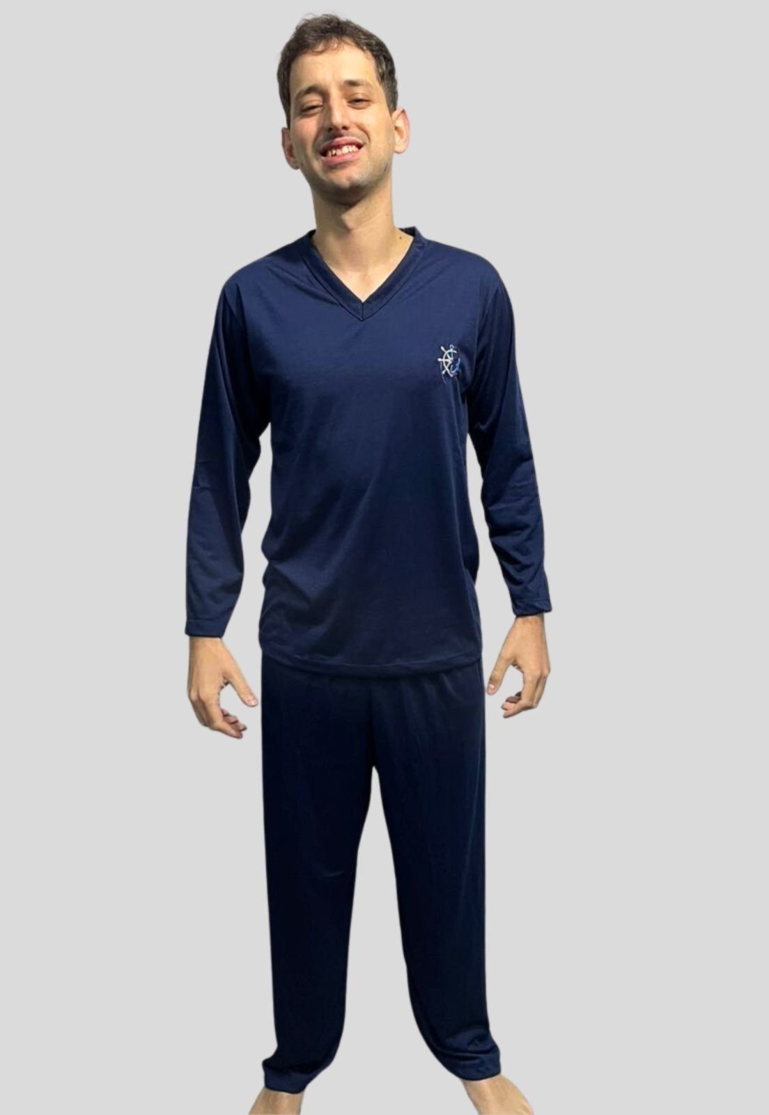 Pijama Masculino Bella Fiore Modas Liso Longo Calça e Blusa Manga Longa Gola V Comfort
