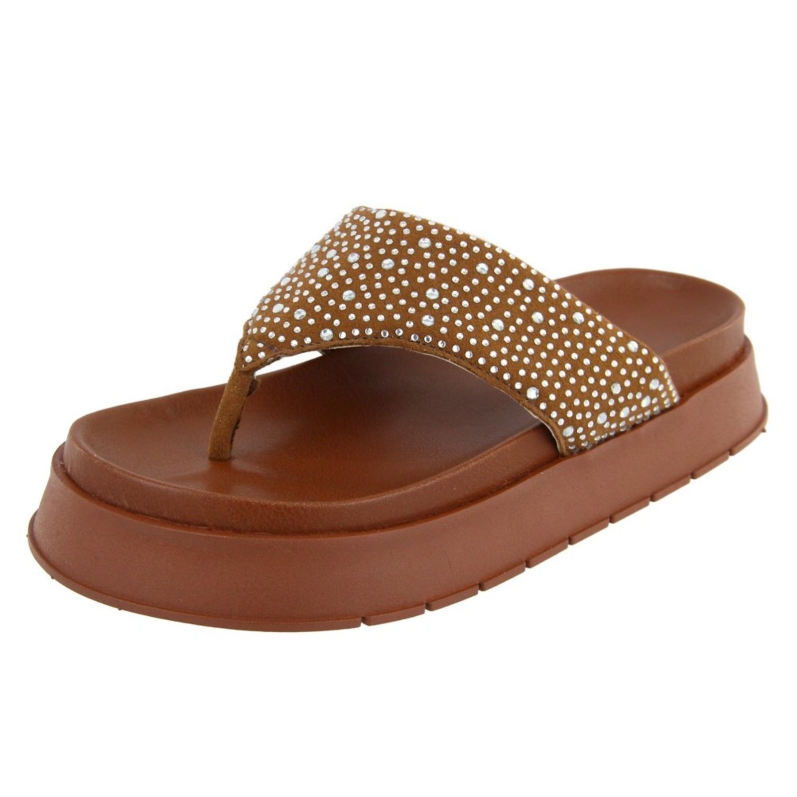 Sandália Papete Flatform Strass de Dedo Brilho Macia Blogueira Agnes Veronez Caramelo