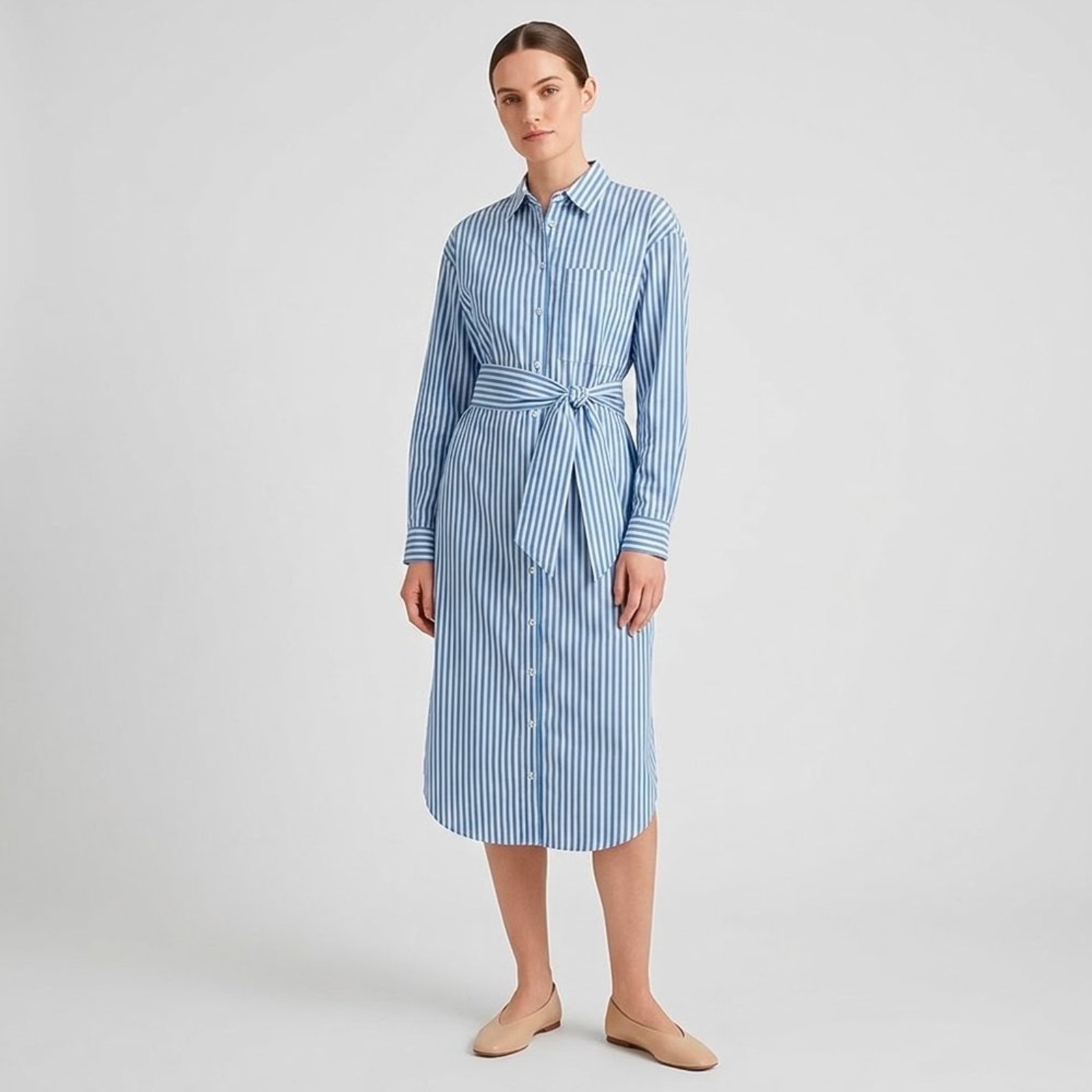 Vestido Dudalina Listrada com Faixa Pr27 Azul Feminino