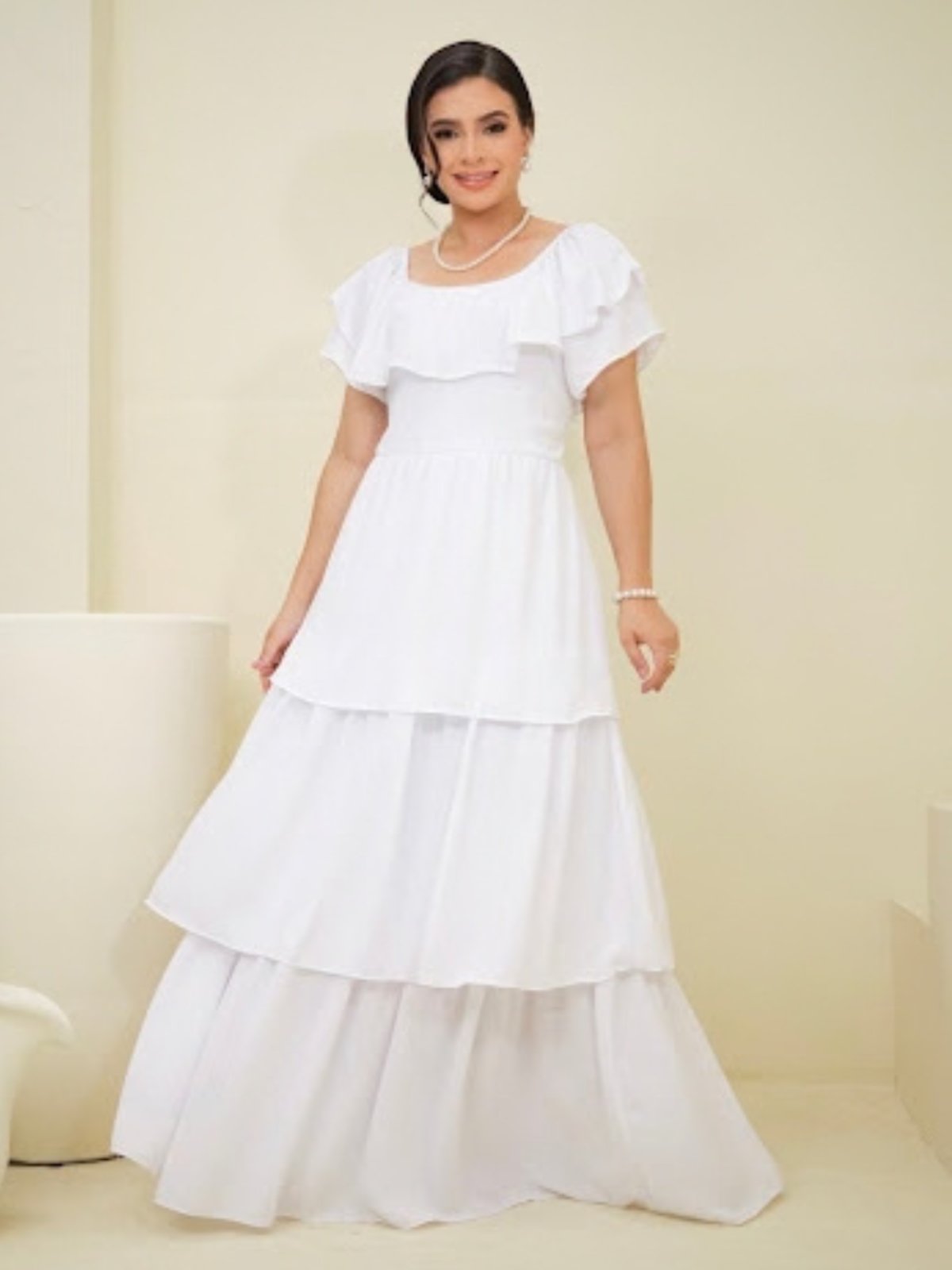 Vestido Longo Feminino Evangélico Elegante com Babados Branco