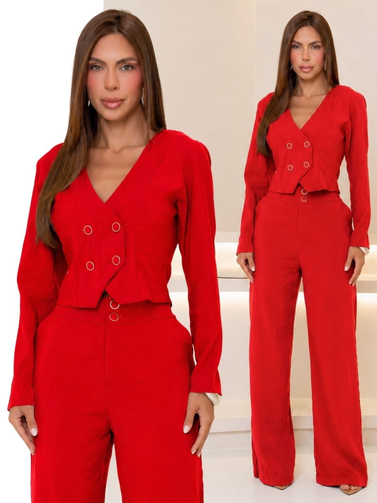Conjunto Feminino Alfaiataria Divina Gata Blusa Colete e Calça - Vermelho Campar