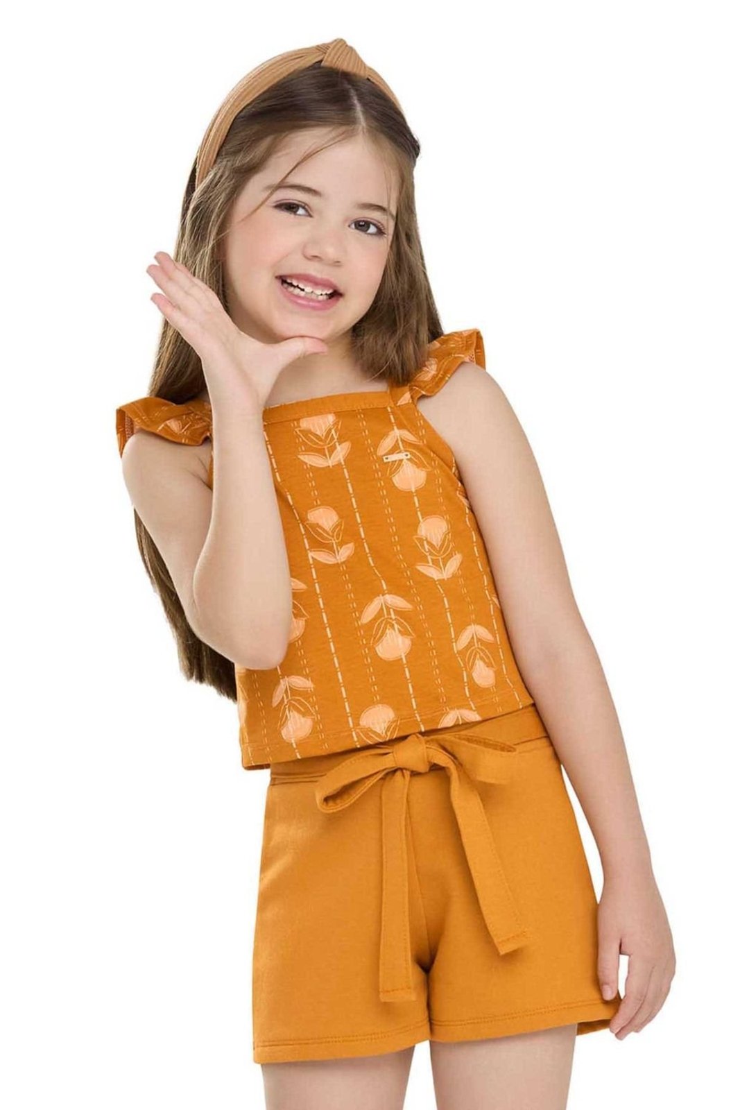 Infantil - Conjunto Menina Floral Com Babados Elian Laranja