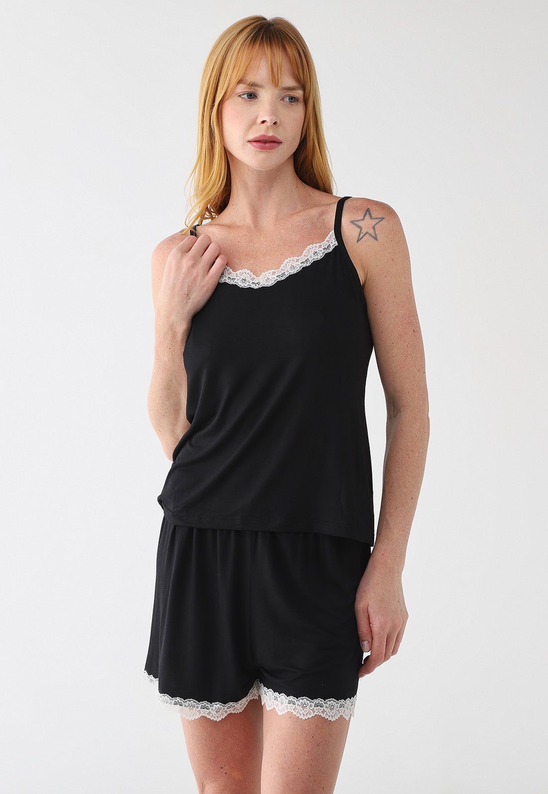 Pijama Curto Feminino Malwee Renda Preto