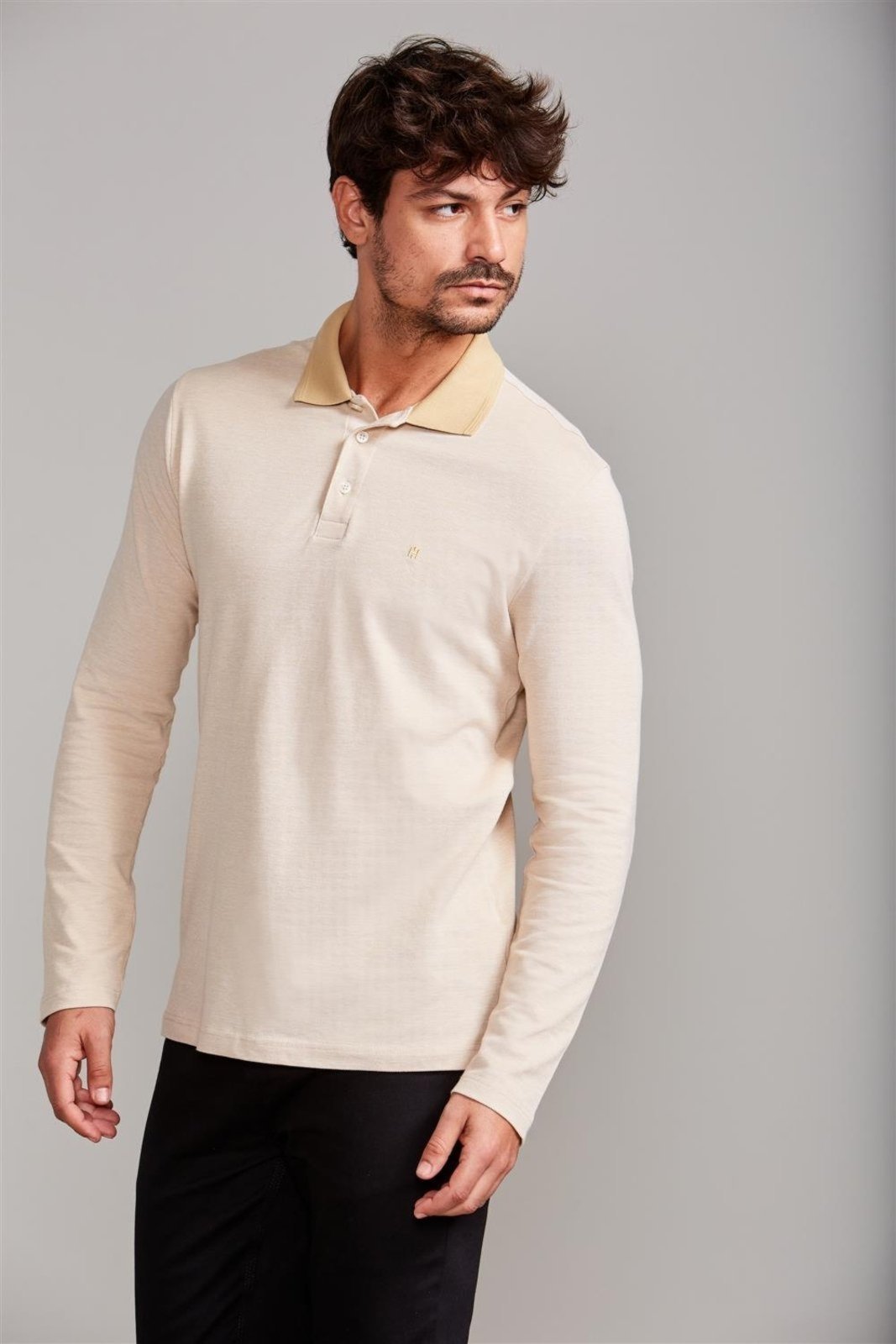 HIGHSTIL Camisa Polo Manga Longa Piquet Slim Fit - Amarelo Banana / Branco