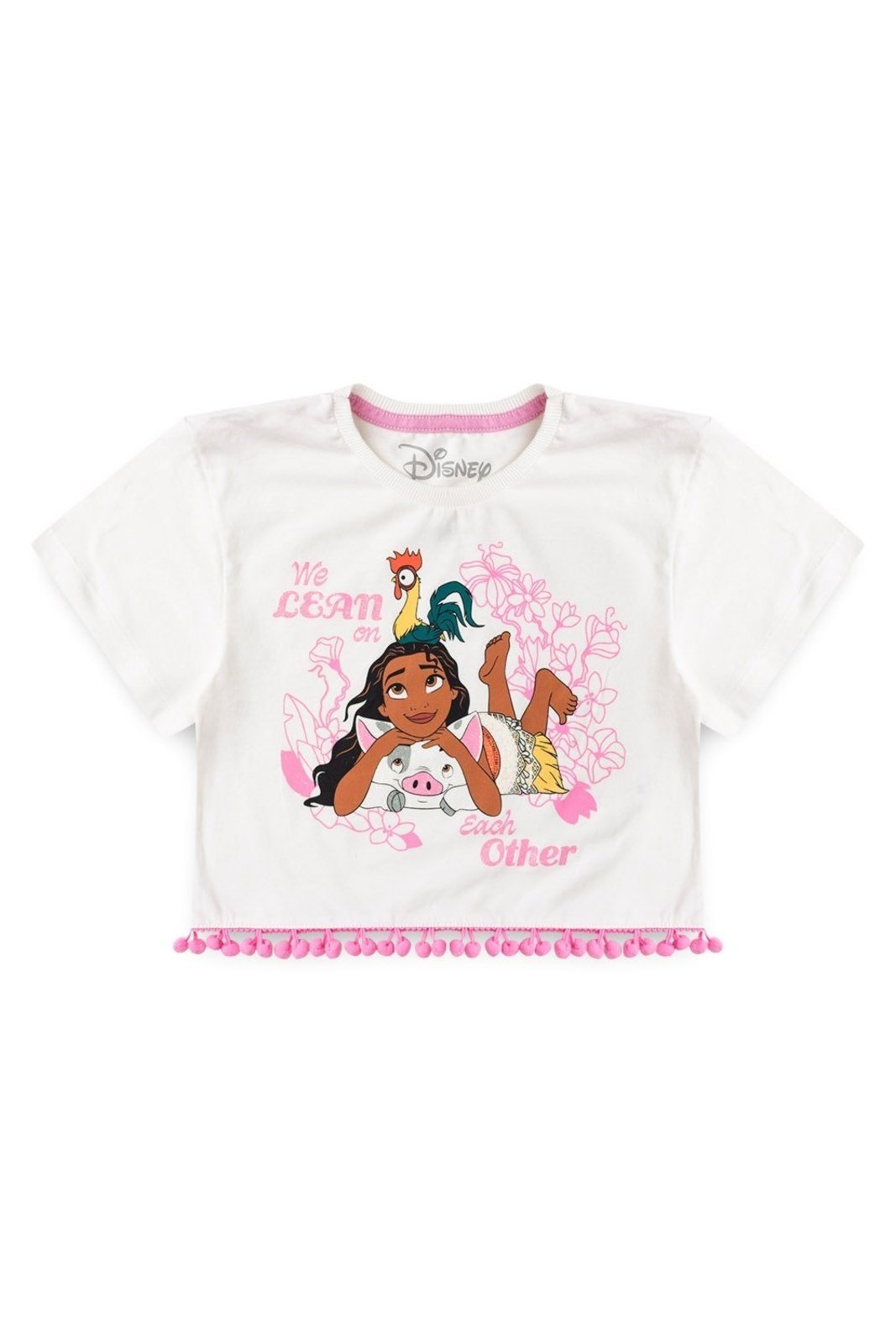 Vista 2 Infantil - Blusa Disney Manga Feminina Curta Box com Pompom Moana Off White off-white white Disney off-white white
