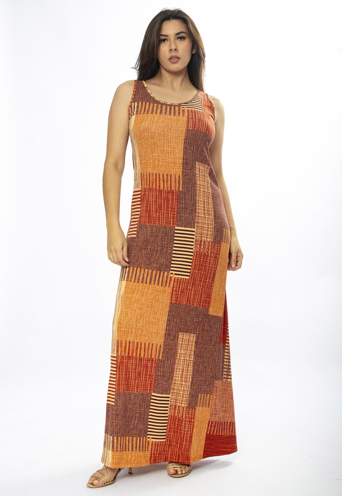 Vista 2 Vestido Longo Amazônia Vital Butiá Malha Regata Estampa Tramas do Sol Amazonia Vital bege/marrom/vermelho