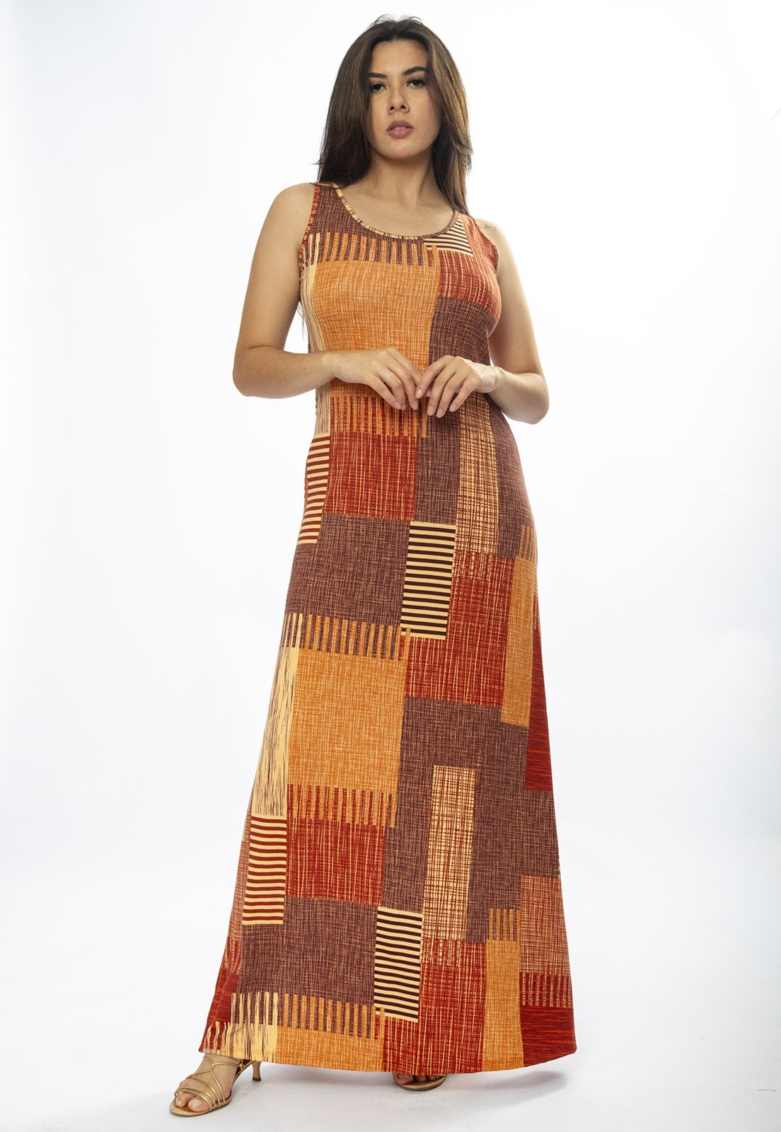 Vista 3 Vestido Longo Amazônia Vital Butiá Malha Regata Estampa Tramas do Sol Amazonia Vital bege/marrom/vermelho