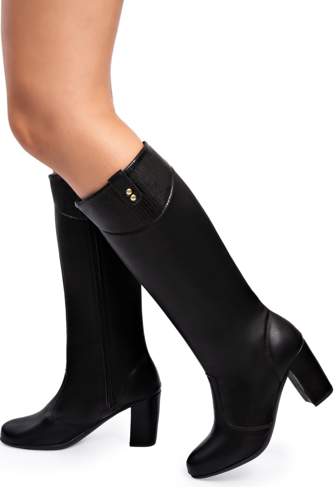 Vista 3 Bota Feminina Cano Longo Lumiss Salto Bloco Grosso Confortável Moda Blogueira preto LUMISS preto