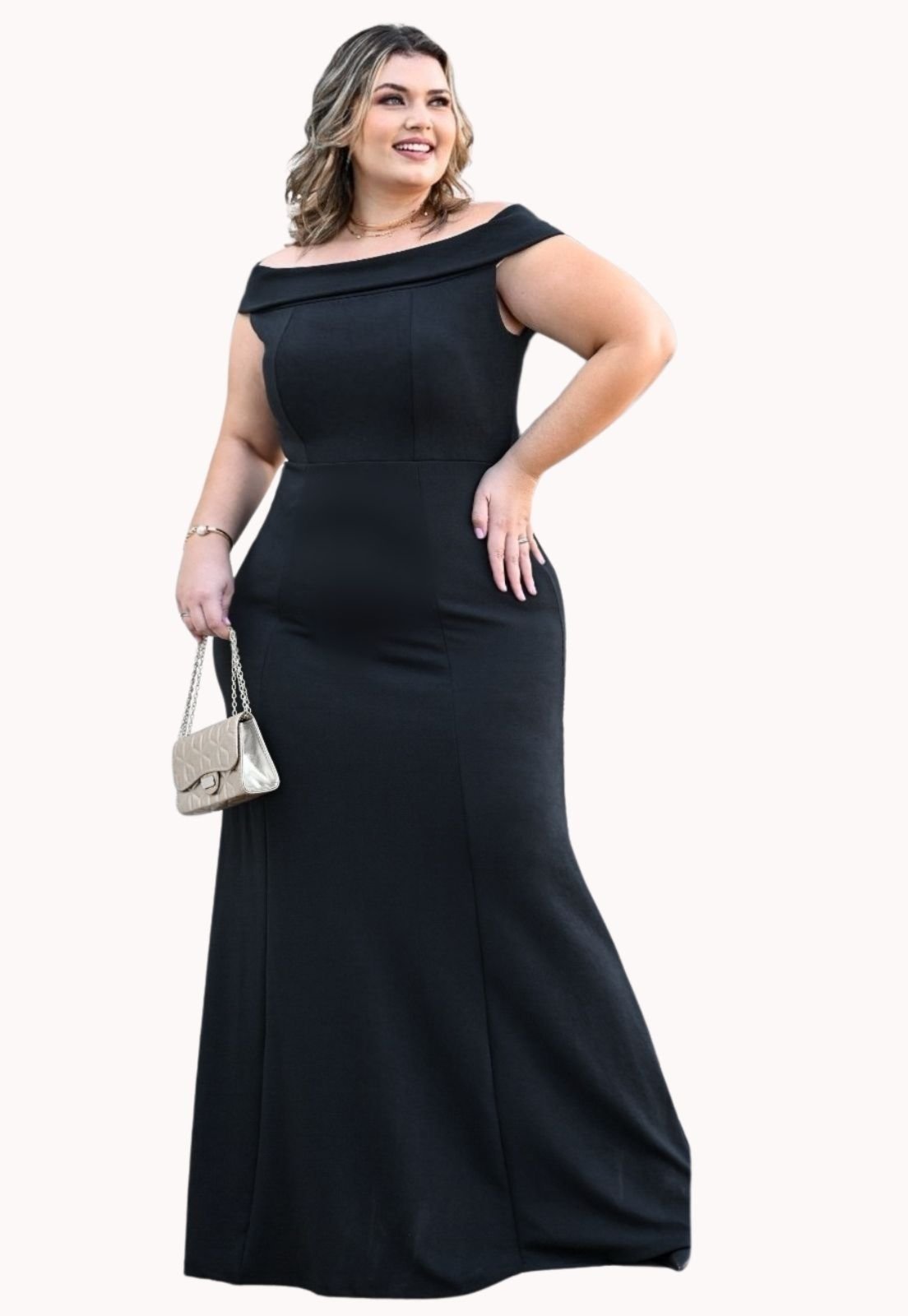 Vestido Plus Size Longo Festa Crepe Ombro a Ombro juquitiba Brasil Preto