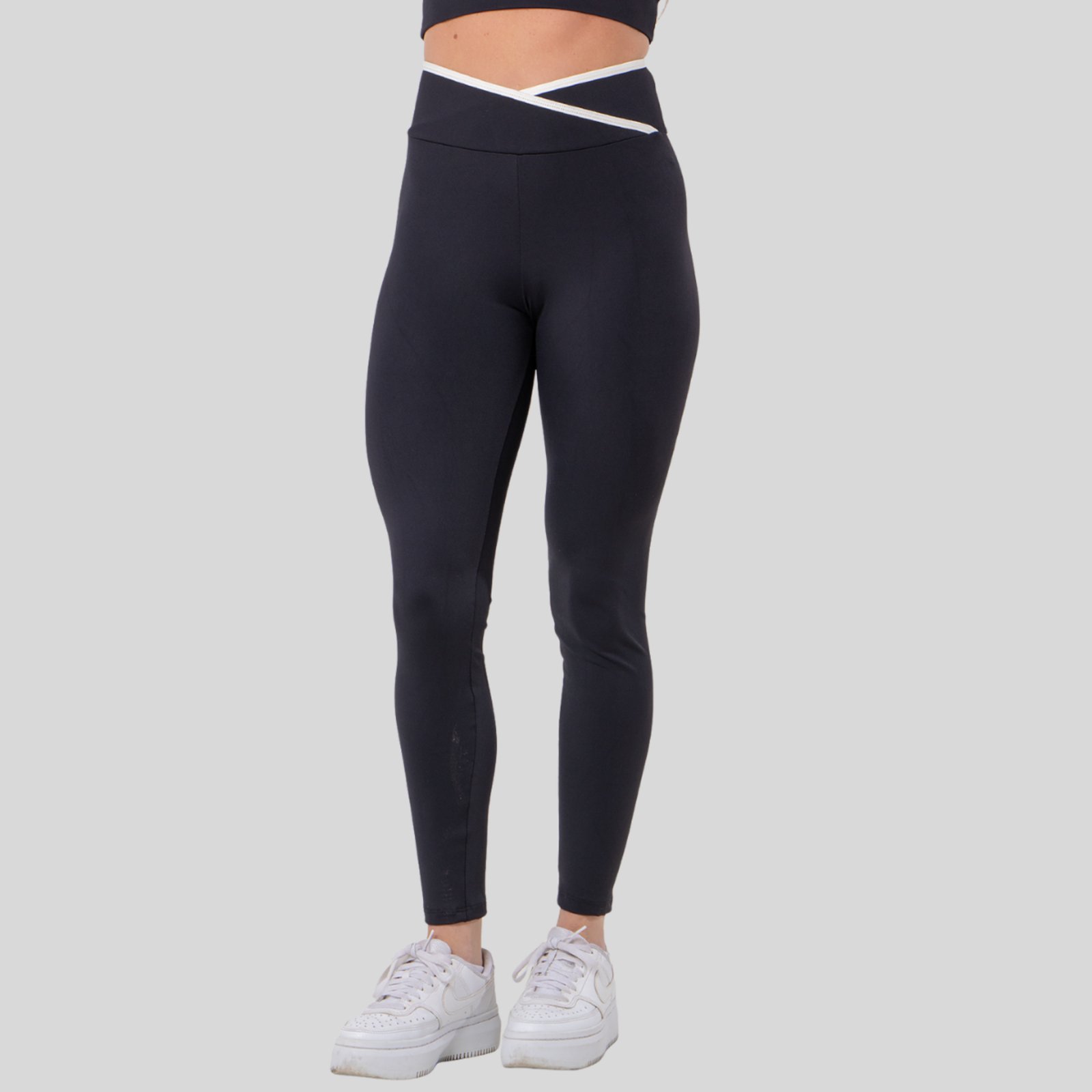 Calça Legging Feminina Poliamida Cós Cruzado Detalhe Off White Zero Transparência