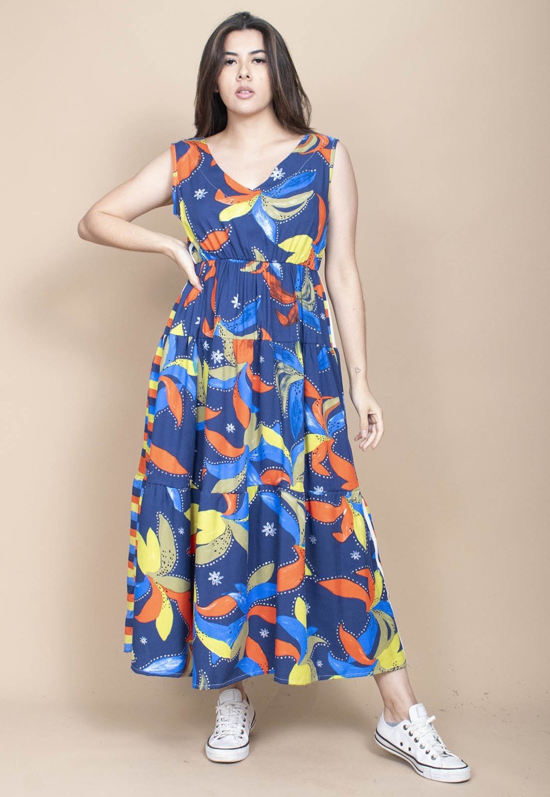Vista 2 Vestido Cabanafree Regata Longo Peri Viscose Camadas Estampa Maré Vibrante Cabanafree amarelo/azul/estampado/laranja/verde