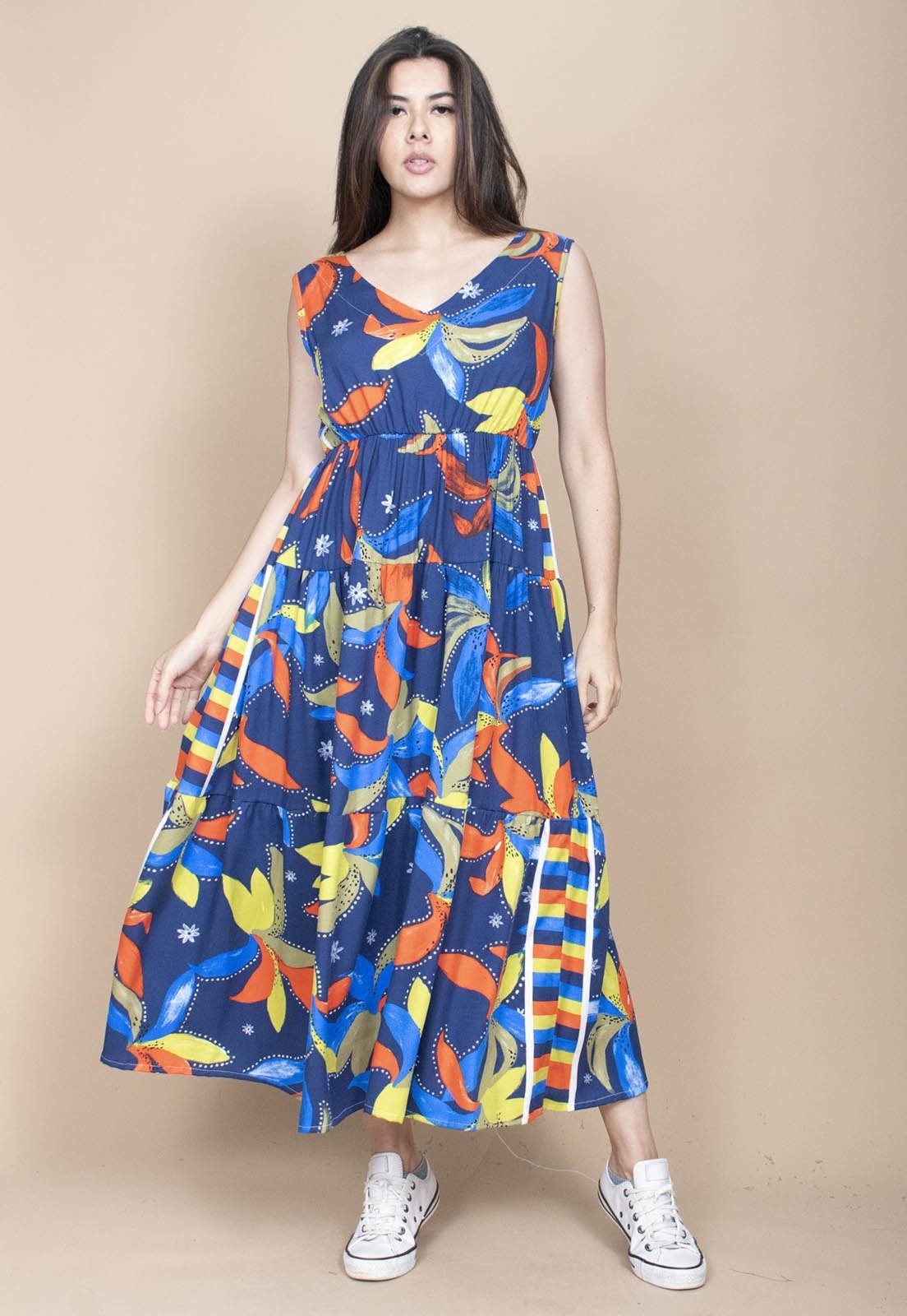 Vista 3 Vestido Cabanafree Regata Longo Peri Viscose Camadas Estampa Maré Vibrante Cabanafree amarelo/azul/estampado/laranja/verde