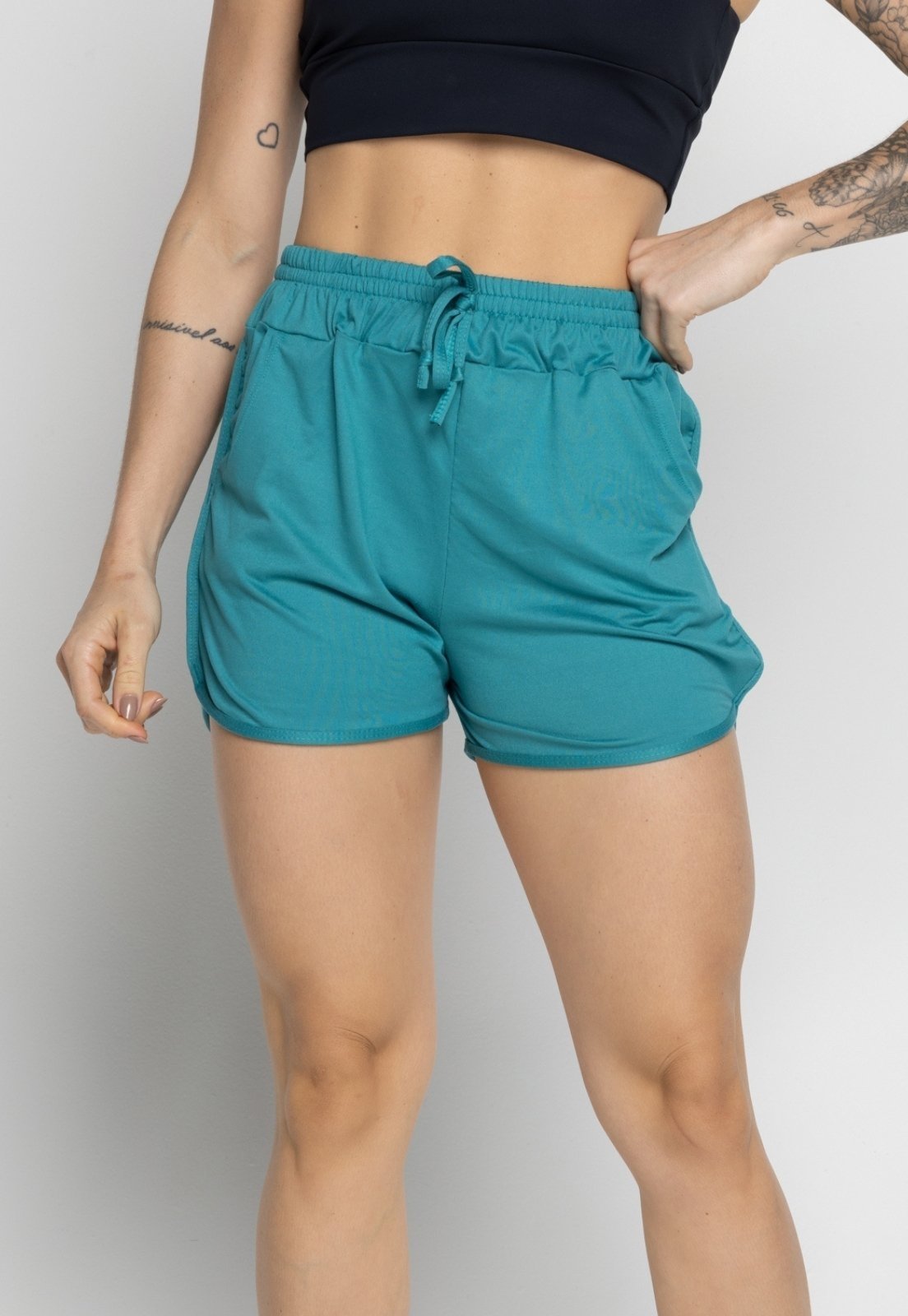 Vista 2 Short Vekyo Com Bolso Feminino Moda Praia Piscina Verão Fitness Água verde VEKYO verde