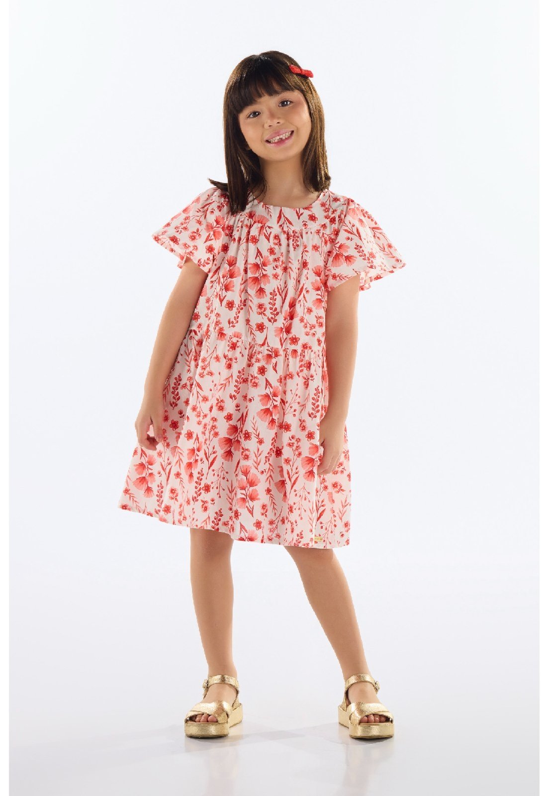 Vista 2 Infantil - Vestido Floral em Tricoline Quimby vermelho Quimby vermelho