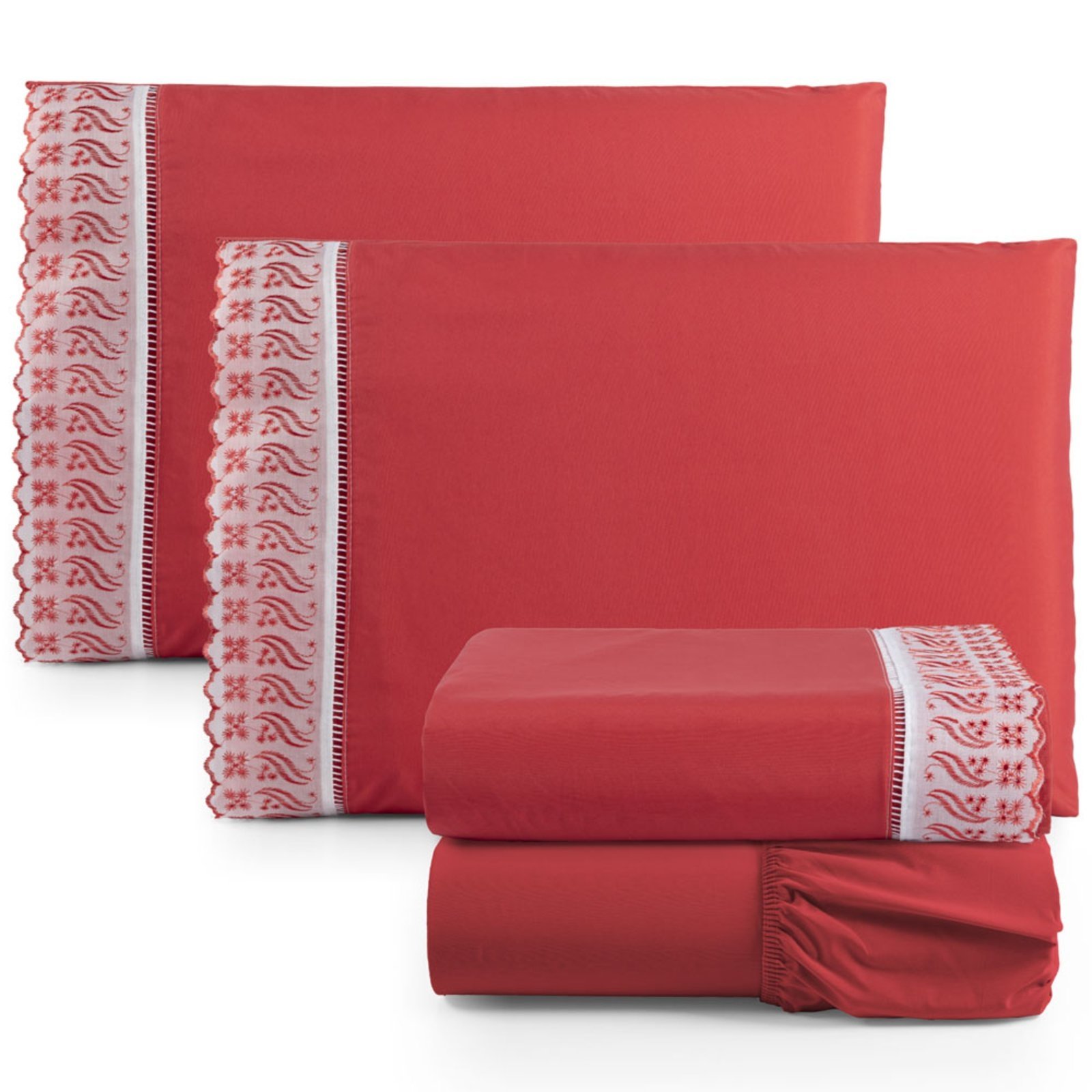 Jogo Cama Lençol Casa Scarpa Paris King Percal 180 Fios Algodão Lese Bordada 4 Peças - Vermelho