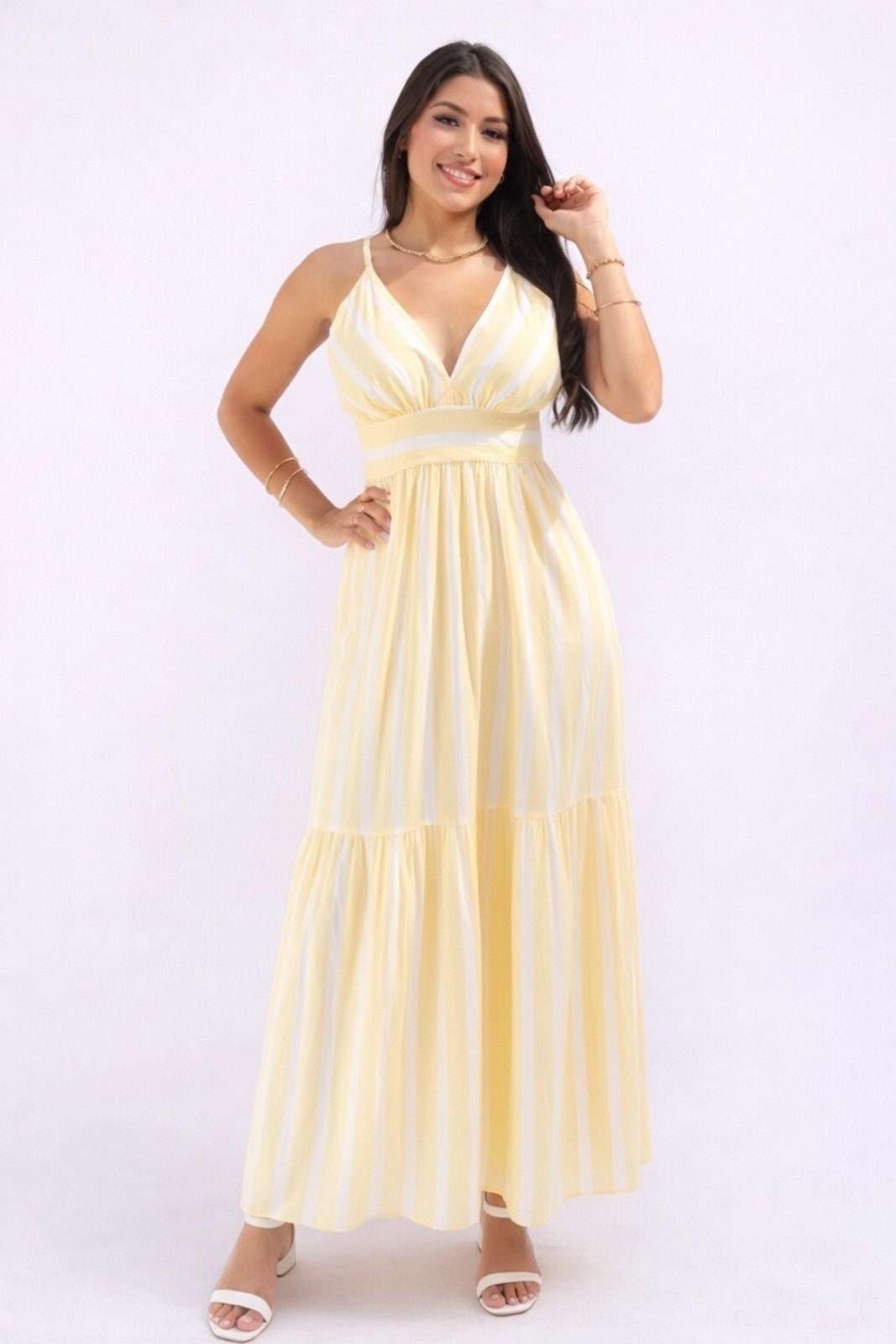 Vestido Longo D Bell Outlet Fashion Listrado Alcinha Amarelo