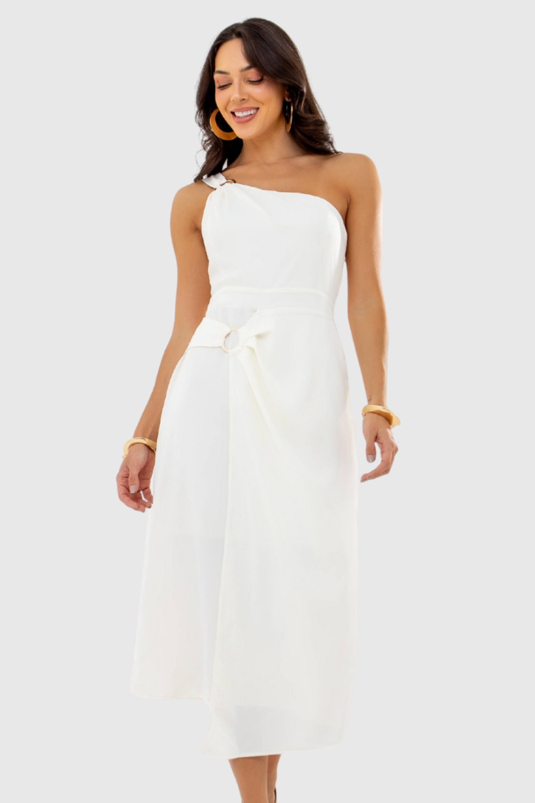 Vestido Feminino Amora Café Midi com Argolas Off-White