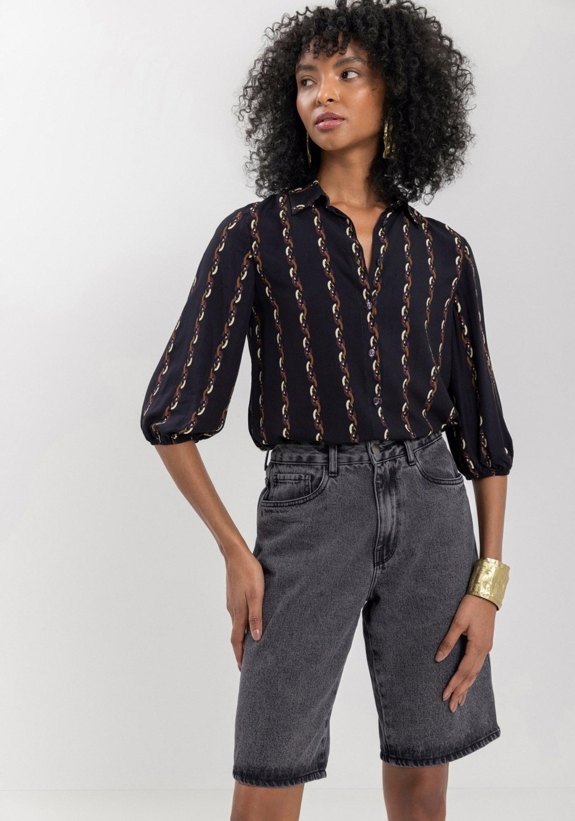 Camisa Estampada De Mangas Médias Em Viscose Com Botões
