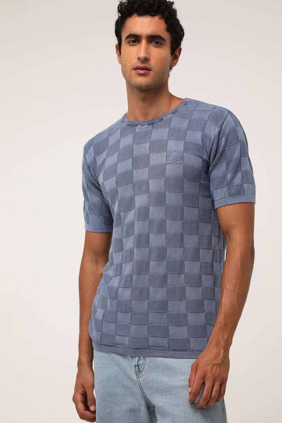 Camiseta Tricô Algodão 3D Azul Estonado