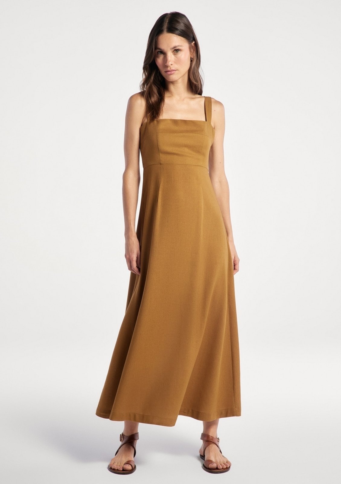 Vista 2 Vestido Midi Evasê Alças Médias Rústico Com Linho Hering terracota Hering terracota