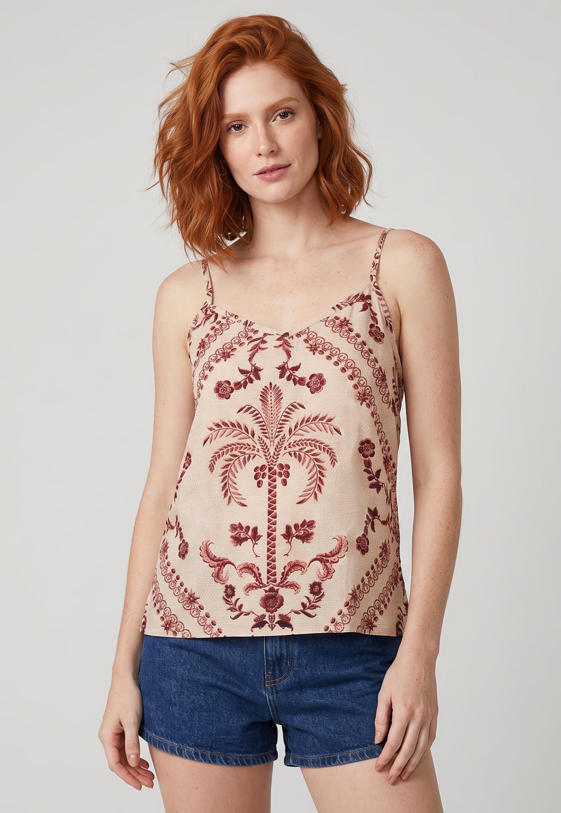 Blusa Feminina Lez a Lez Estampa Floral Alças Finas Bege