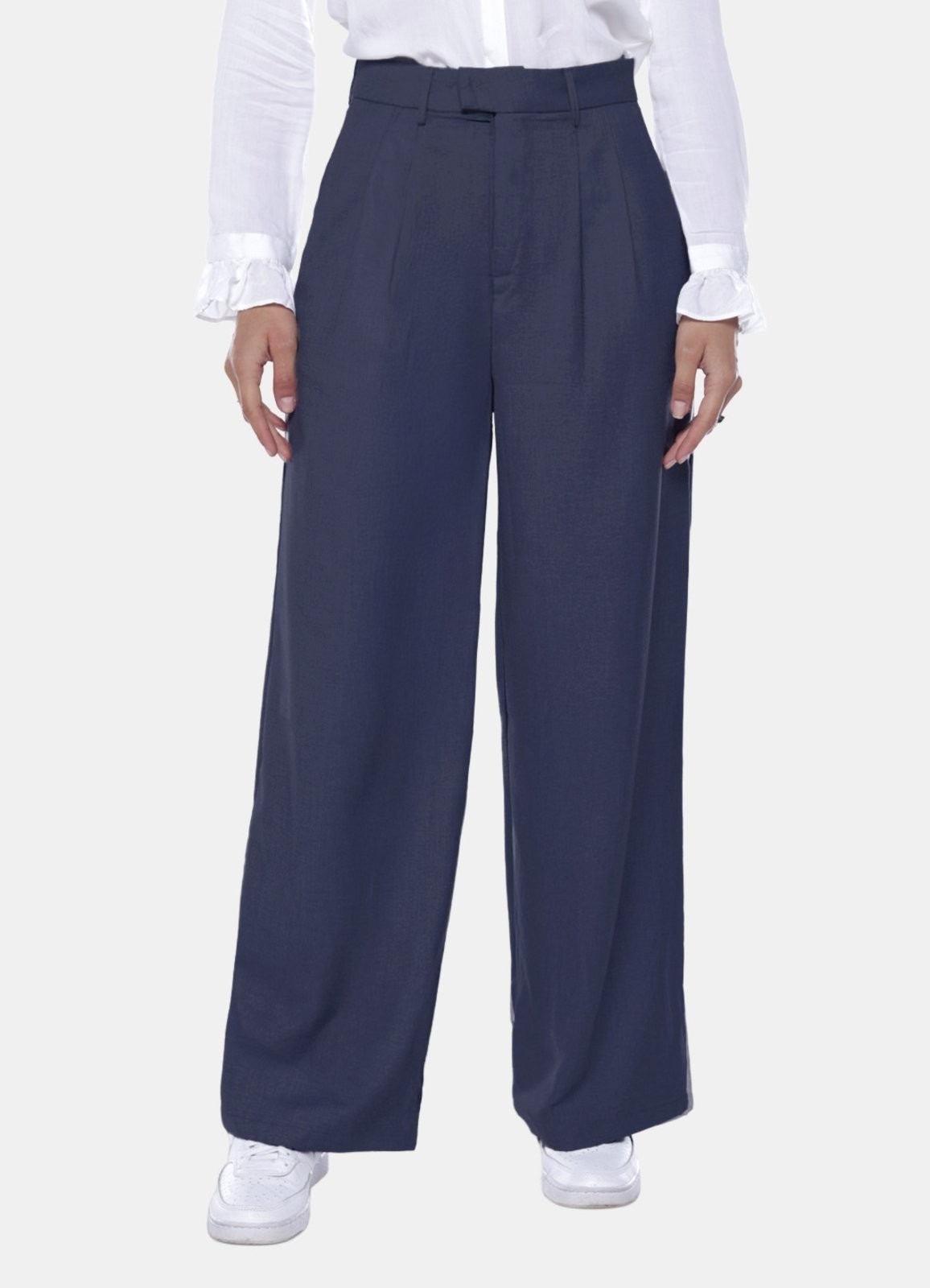 Calça de Pregas Azul Marinho Sob Cintura Alta em Viscose com Elastano