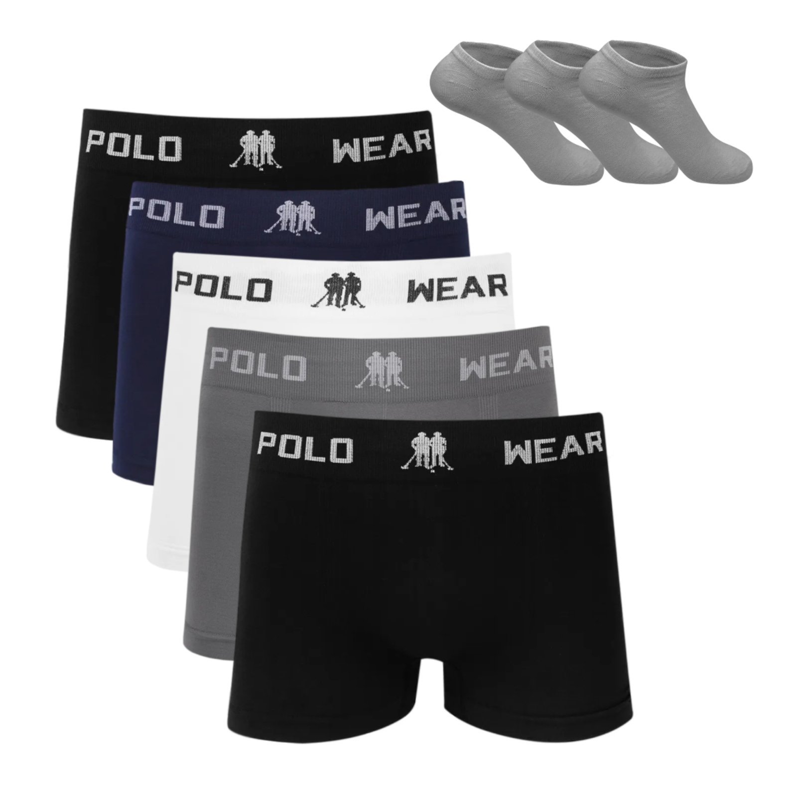 Kit 5 Cueca Boxer Polo Wear Microfibra Sortido + 3 Meias M2 Colorido