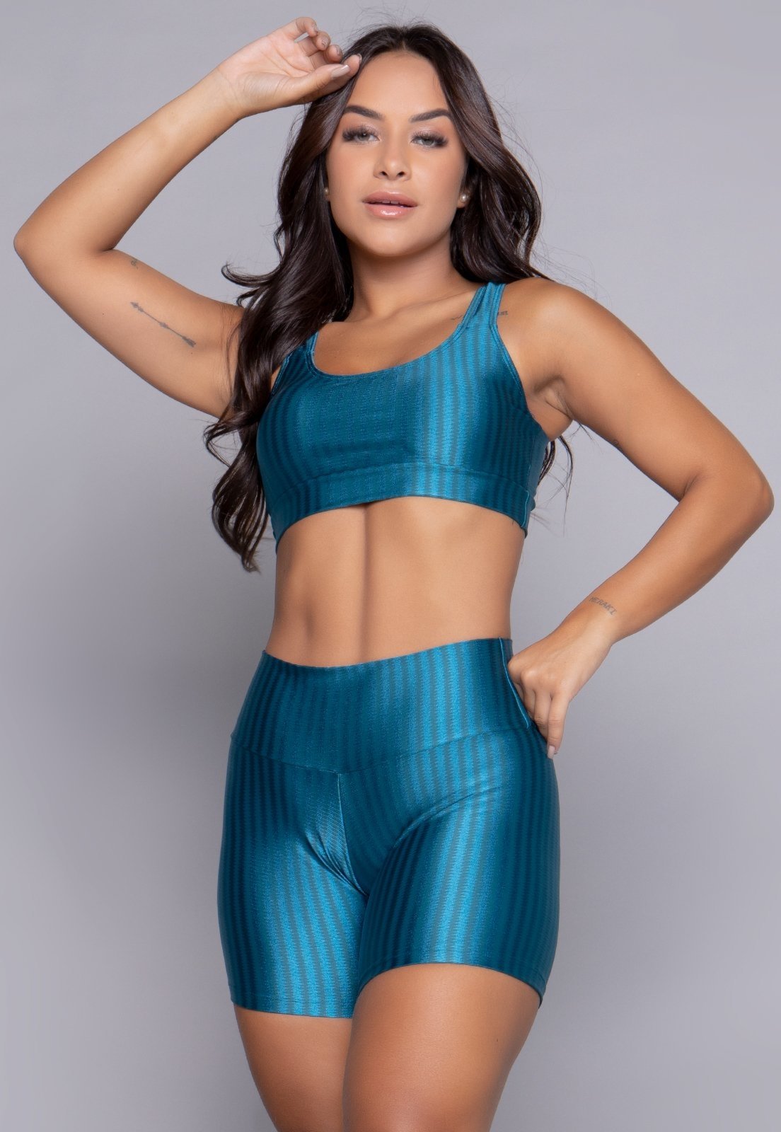 Conjunto Fitness Bella Fiore Modas Top Bojo Removível e Short New Zig Azul