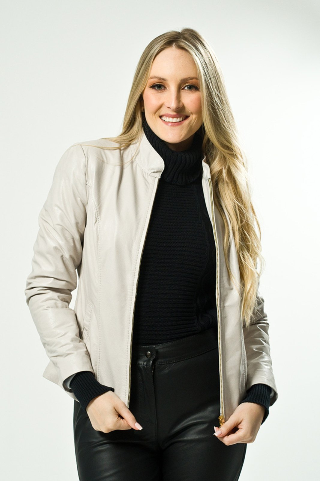 Blazer de Couro NP Couros Casual Gola Padre Bege