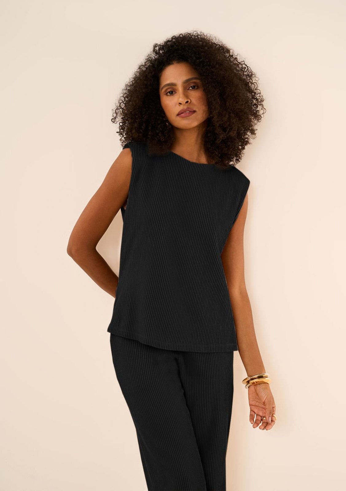 Blusa Maria Valentina Ajustada Decote Careca Sem Alça Padrão Preto