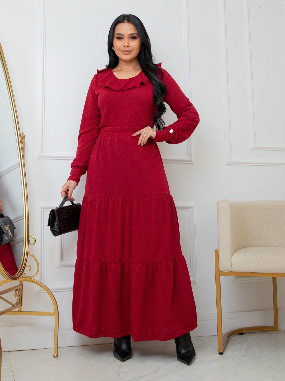 Conjunto Feminino Blusa Com Babados Manga Longa E Saia Longa Cintura Alta Malha REF: Mia