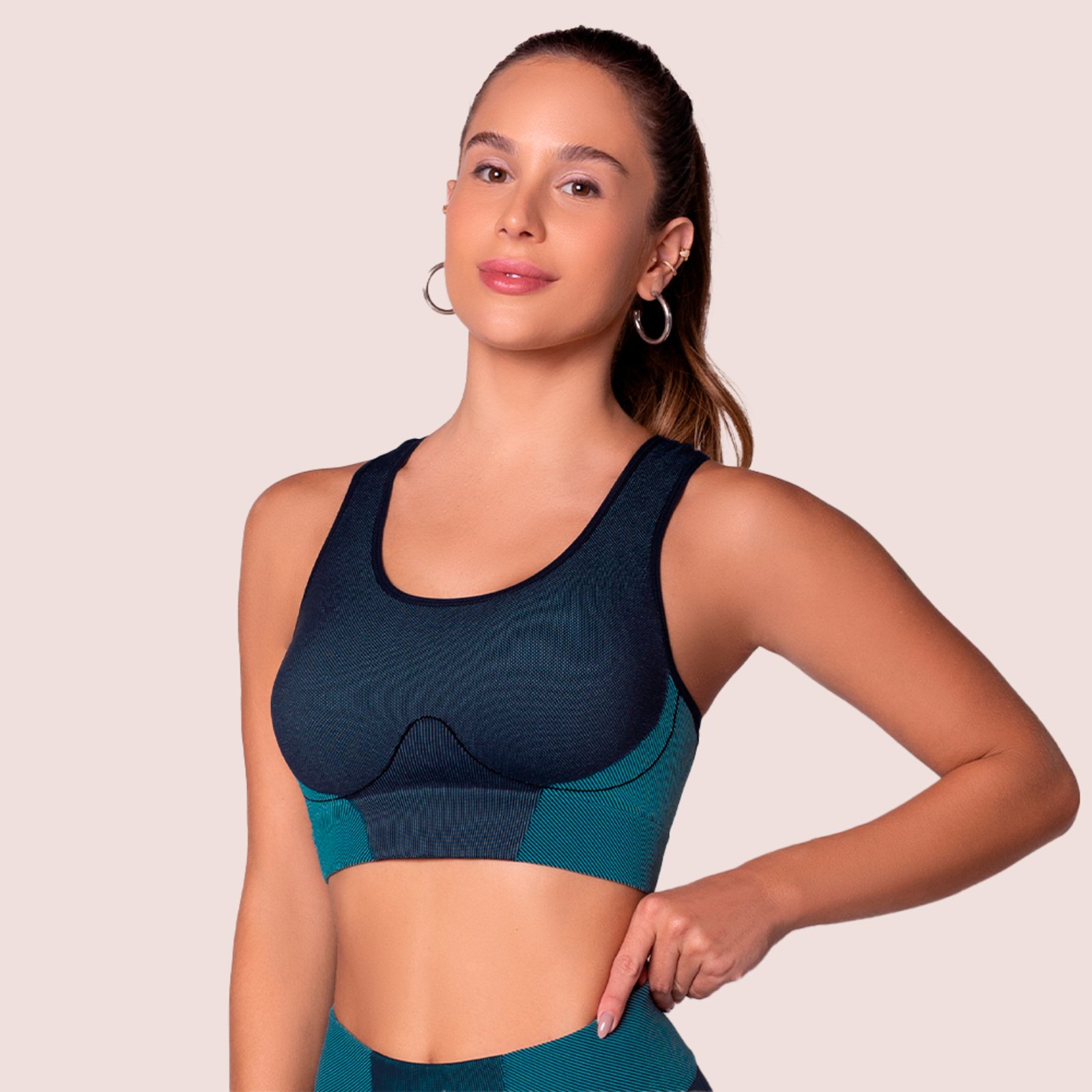 Top Academia Feminino Selene Com Microfuros Sem Costura Fit Azul e Marinho