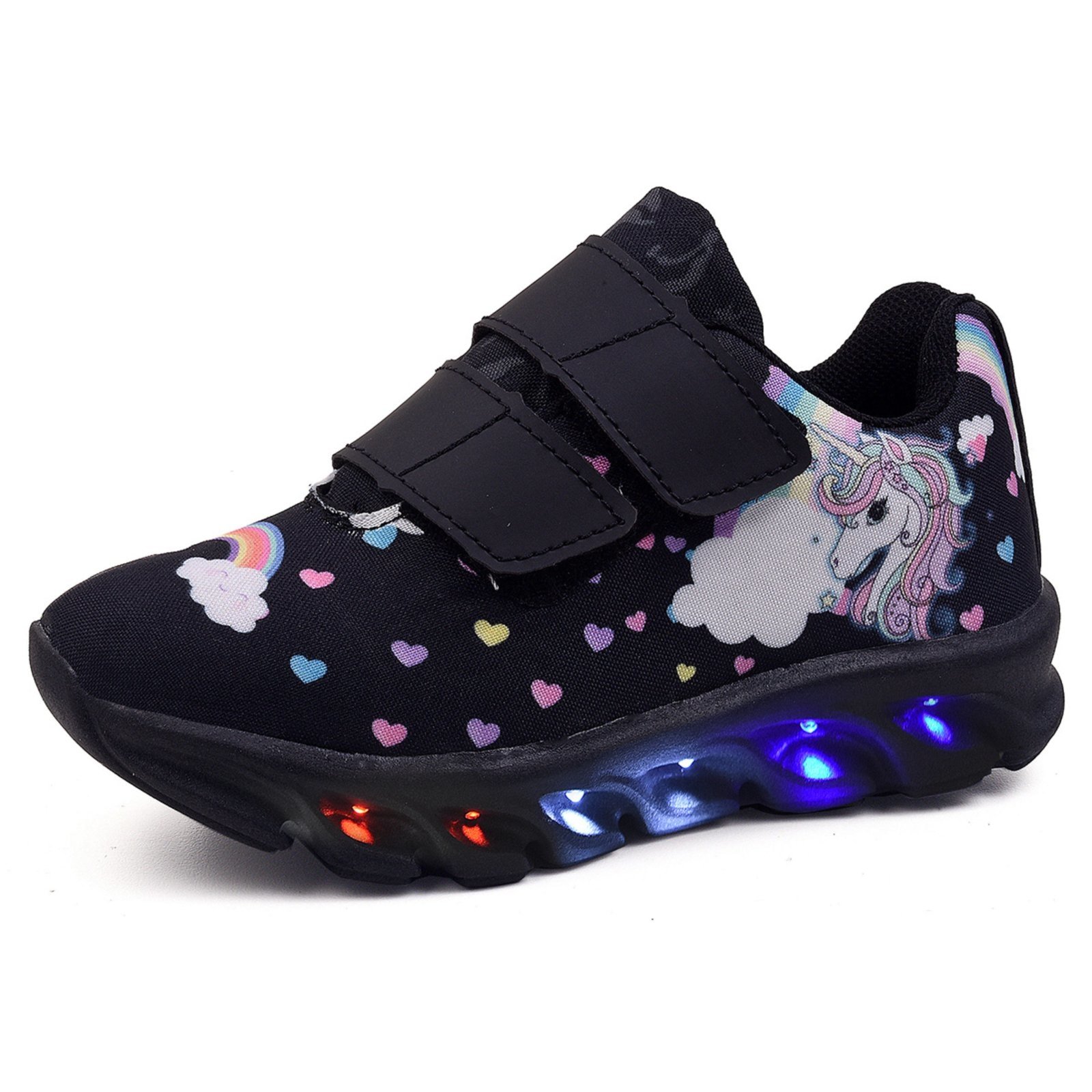 Infantil – Tênis Feminino de Led Unicornio Menina Preto Tira Colante