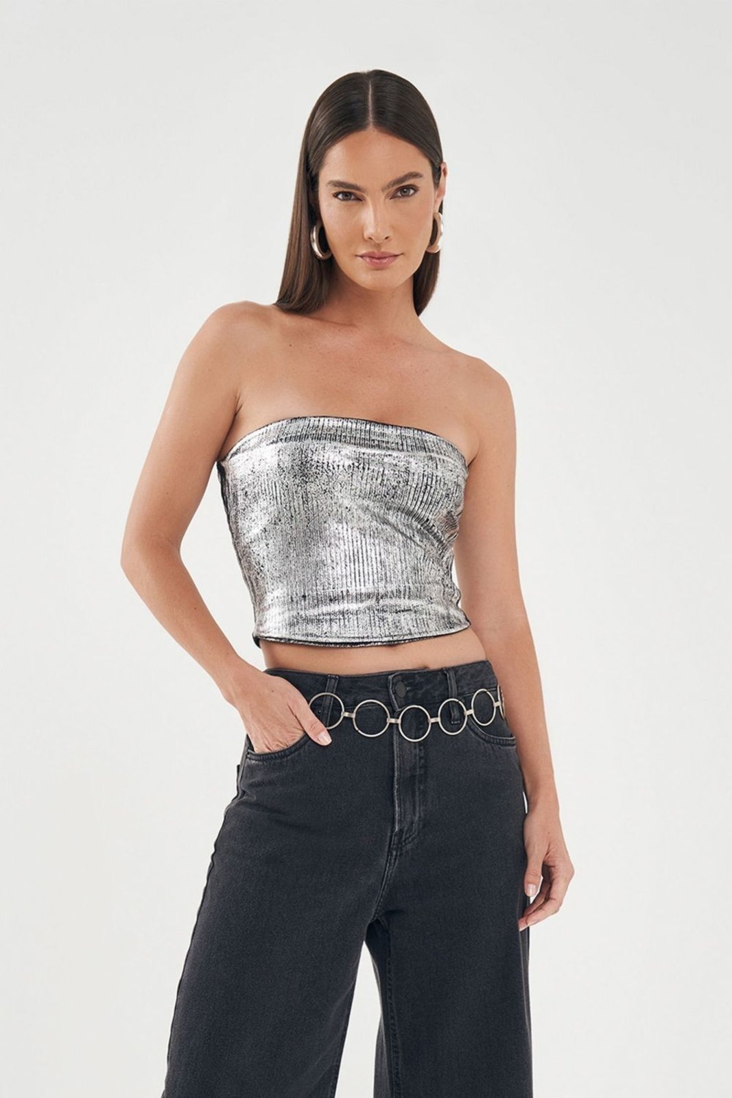 Vista 2 Blusa Glamour Foil Sem Alça Feminina Inblanche prata Inblanche prata