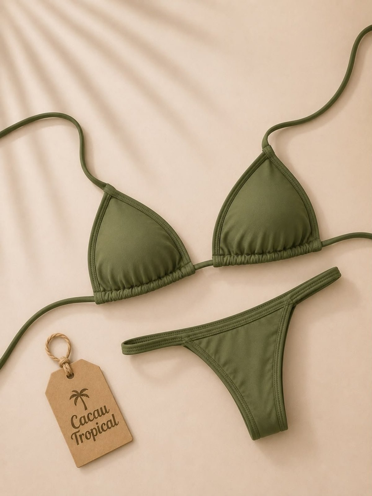 Biquíni Verde Militar Feminino Cacau Tropical Top Cortininha com Calcinha Fita para Bronzeamento Moda Praia
