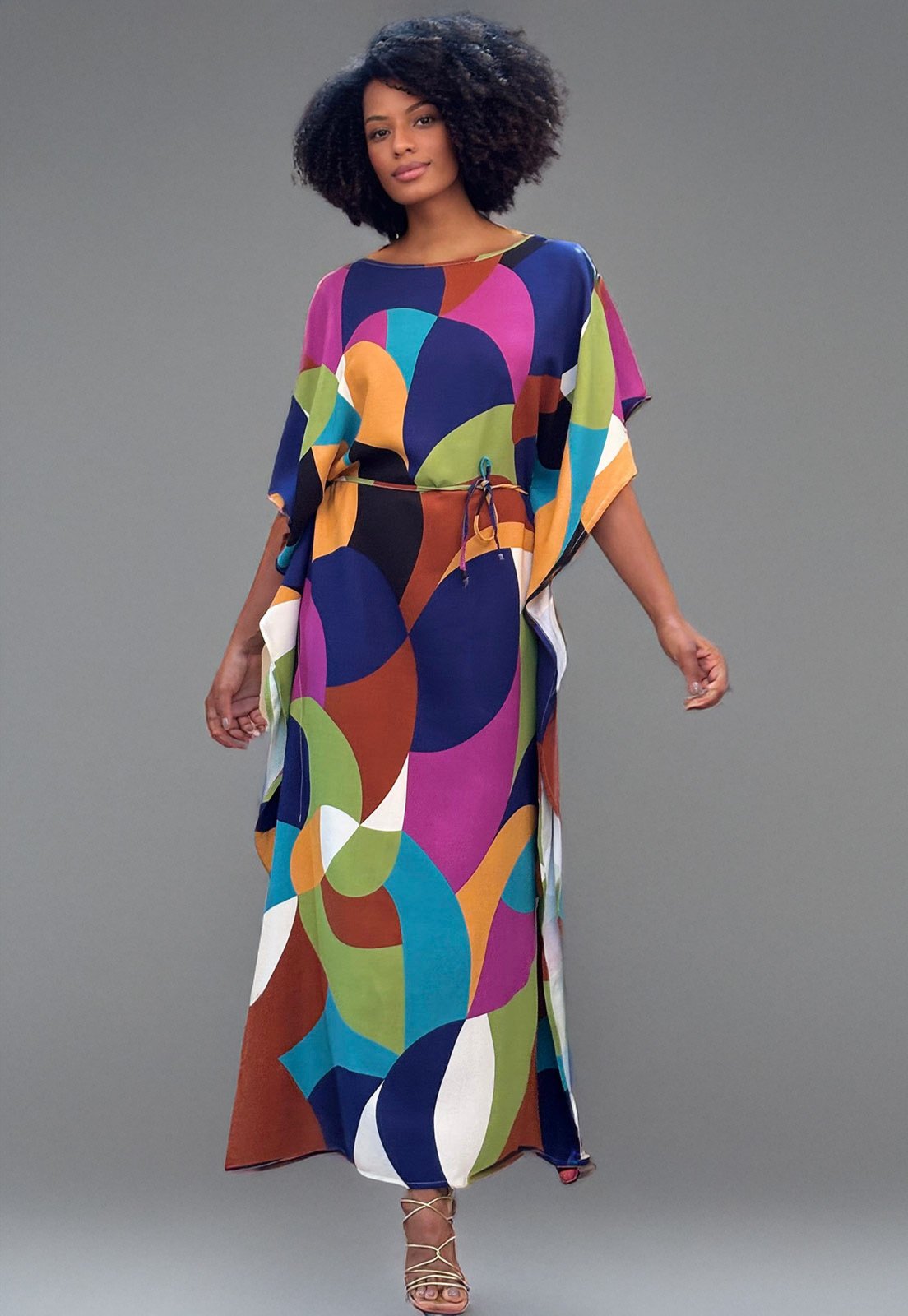 Vestido Amazonia Vital Kaftan Viscose Longo Estampa Jardim Azul