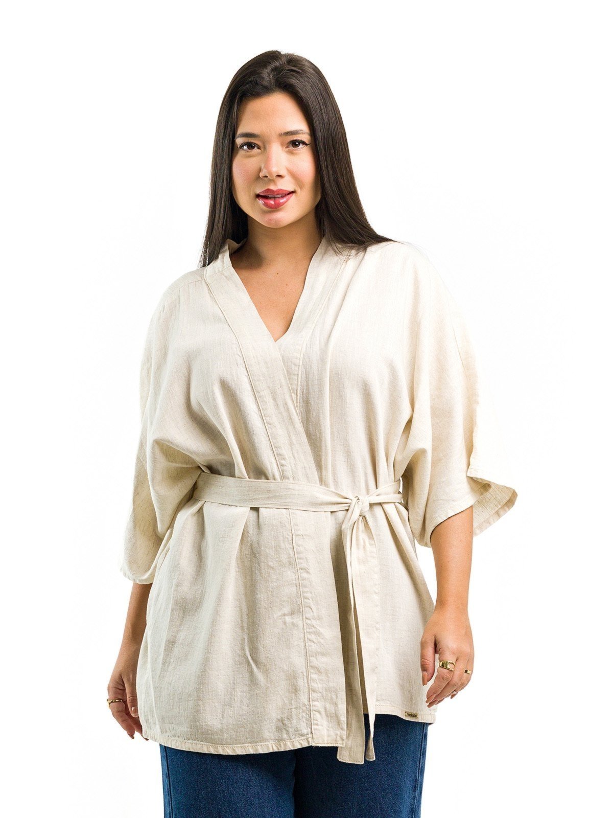 Kimono Restrito Jeans de Linho Com Faixa – Bege