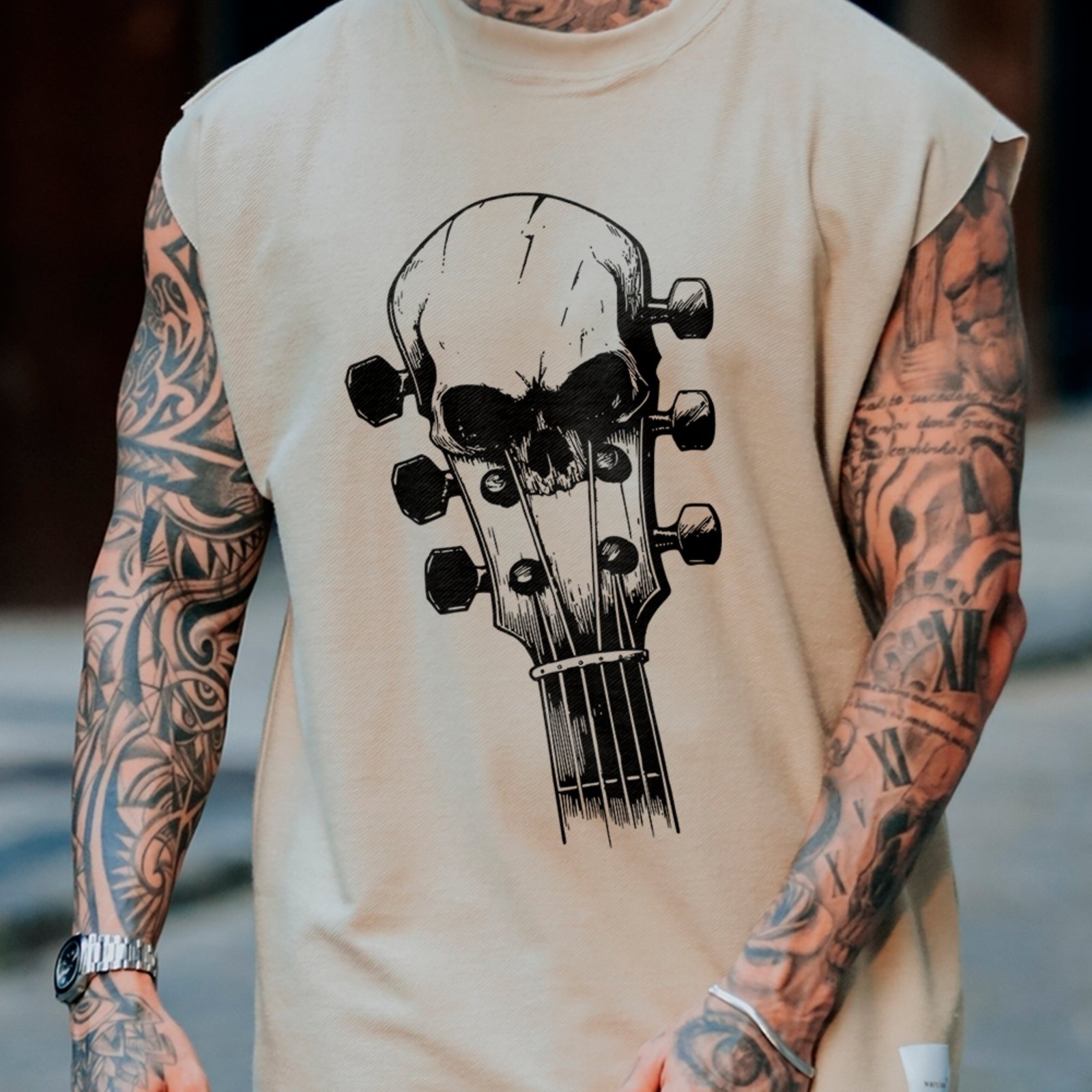 Camiseta Regata Machão Caveira Guitarra Rock Estilo Street Off White