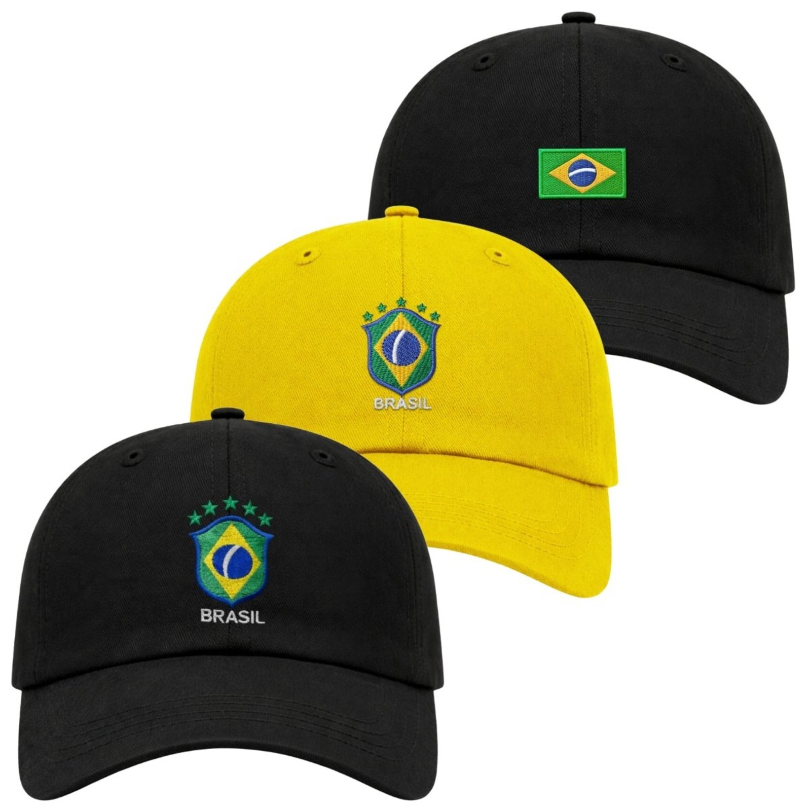 Kit 3 Bonés Aba Curva com Ajuste Moderno Confortável Brasil Bordado