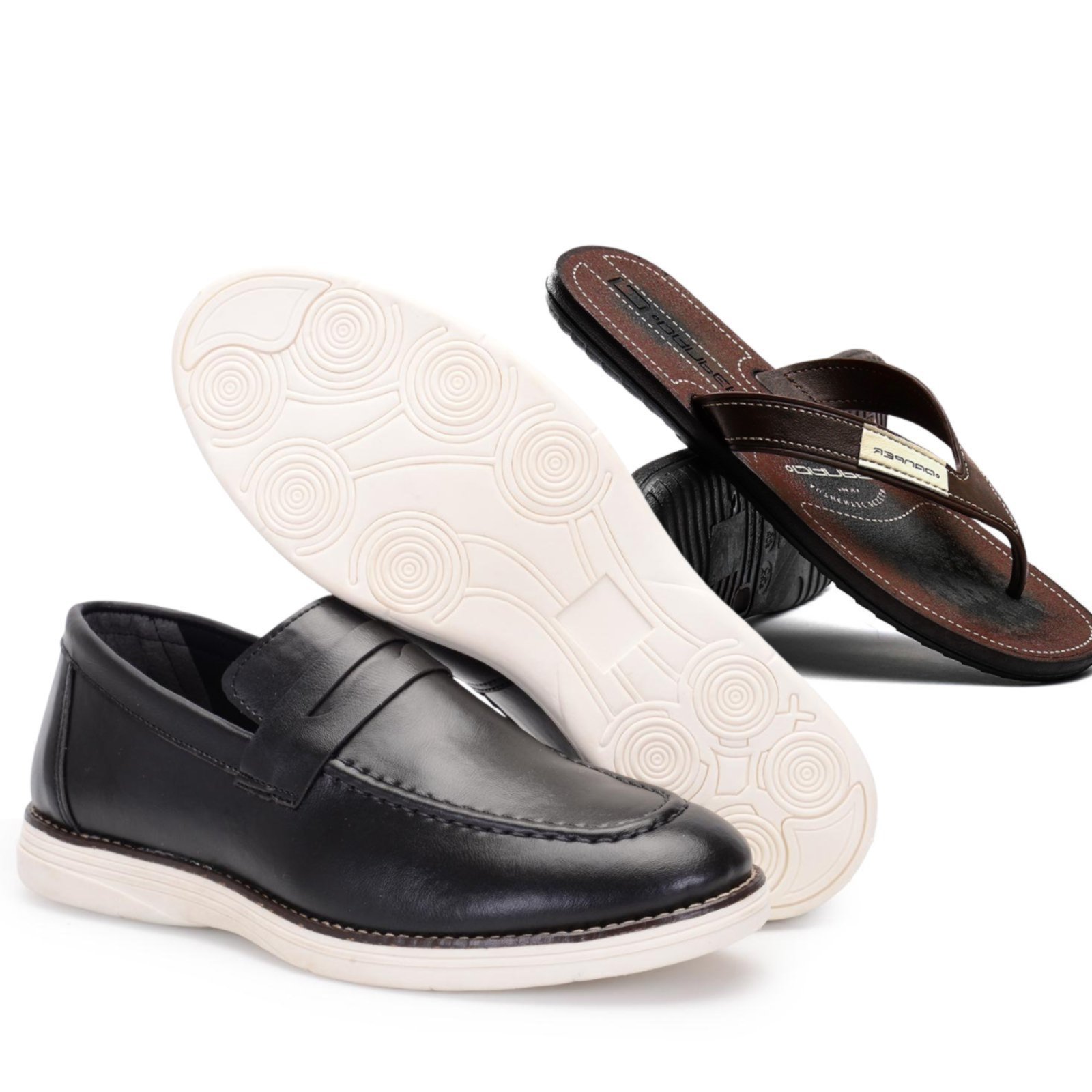 Kit Mocassim Masculino Loafer Verão Sapatofran Com Chinelo Café Versátil Confortável Preto