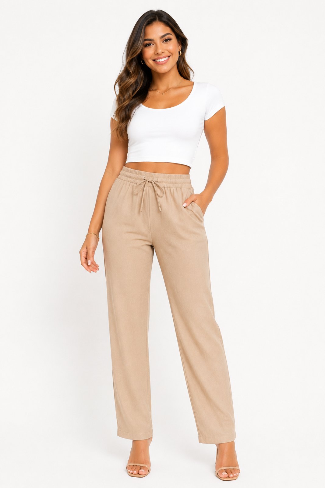 Calça D Bell Outlet Fashion Crepe Duna Bege