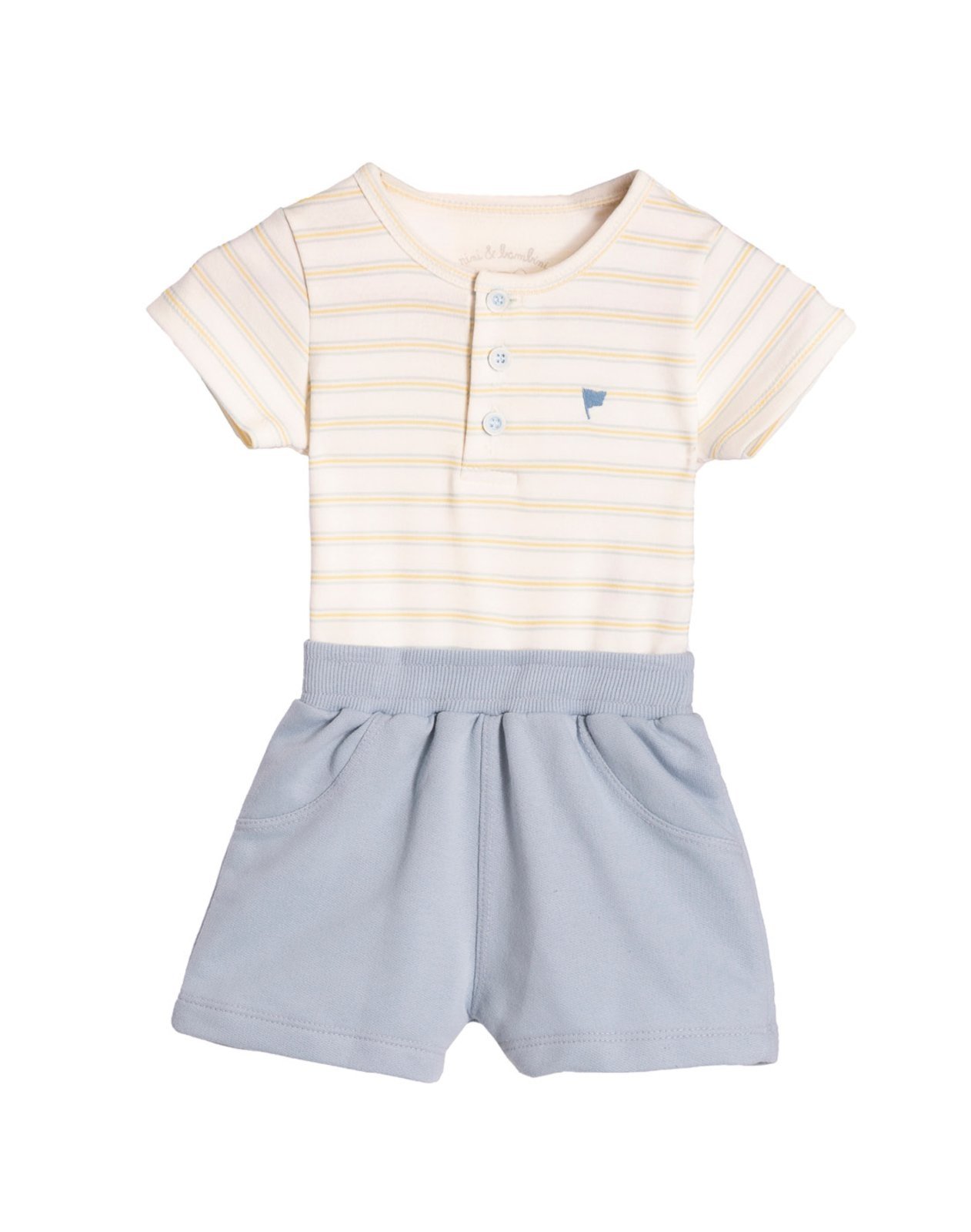 Infantil - Conj. body camiseta listrado + bermuda azul arco-íris