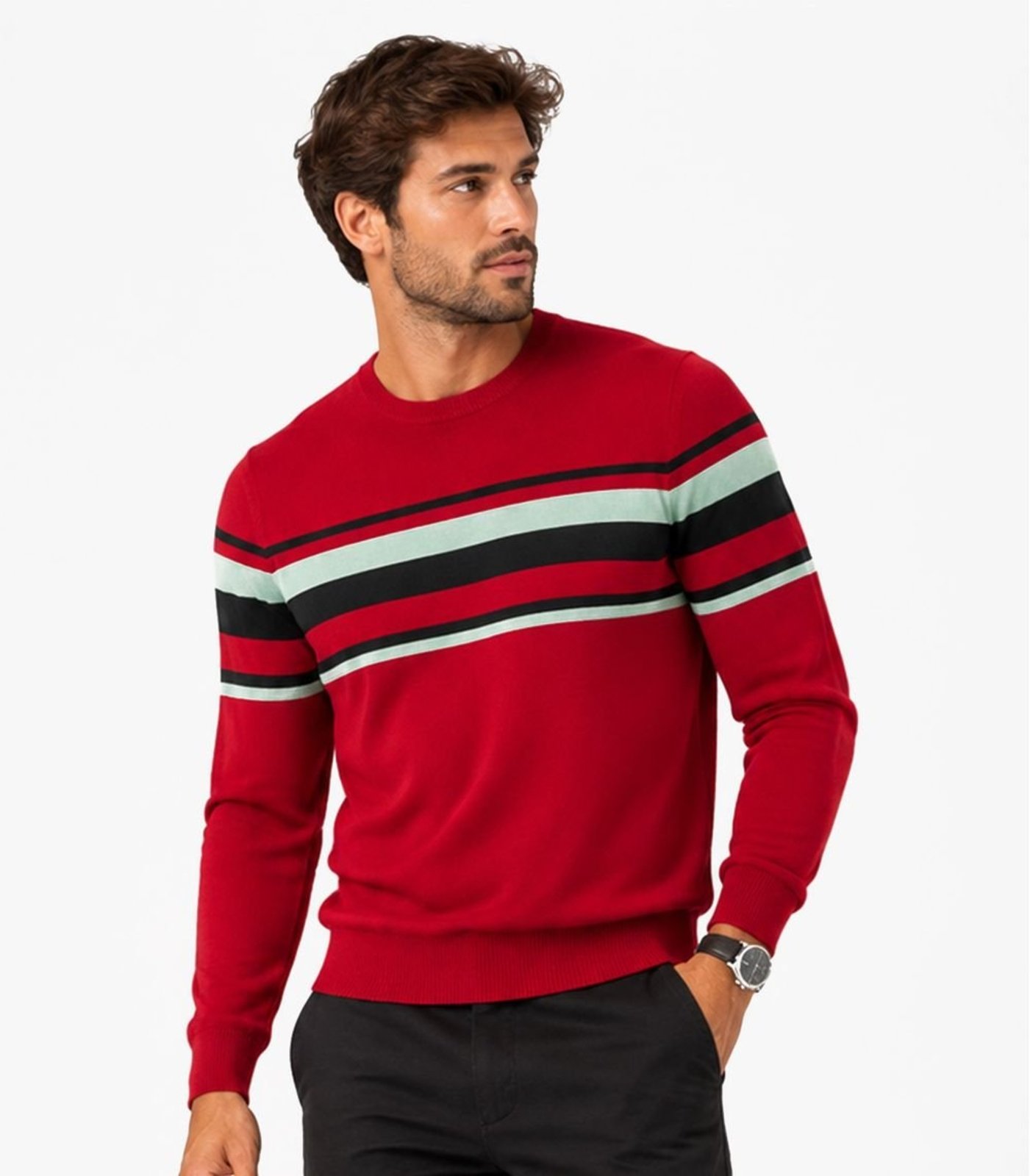 Suéter Masculino Listrado Tricot Diametro Vermelho